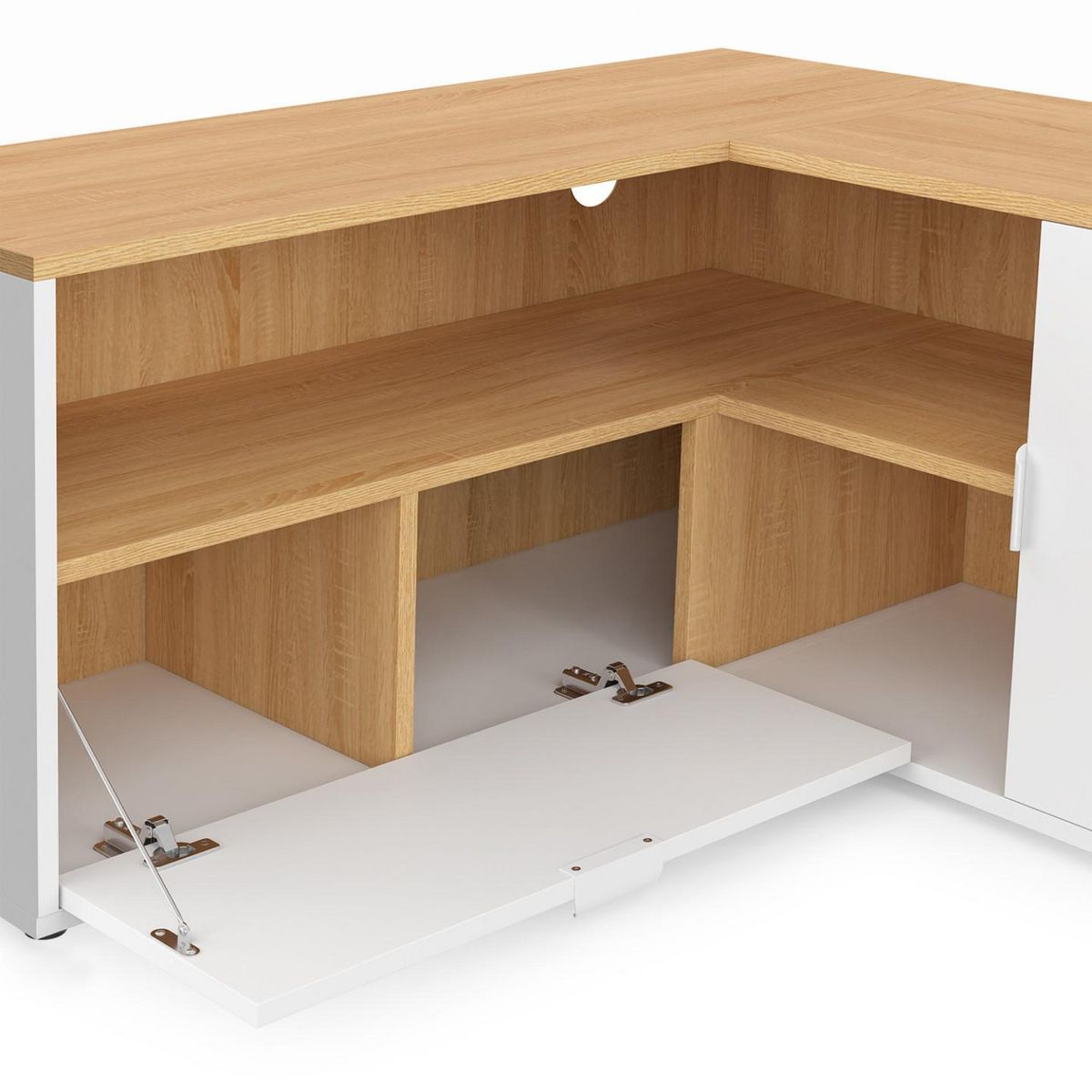 ID MARKET Meuble TV 90 x 90 cm d'angle BALTAZAR façon hêtre et blanc