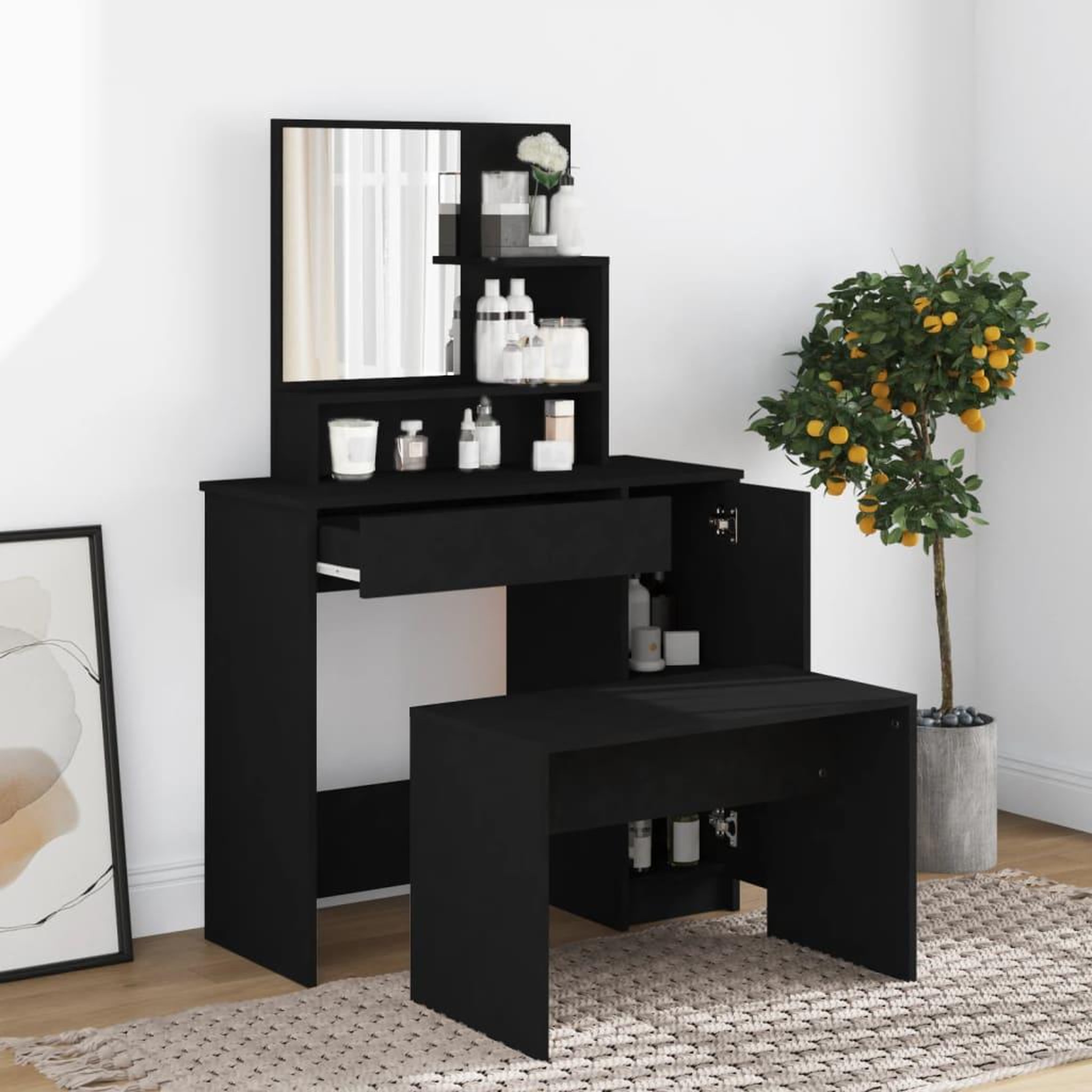 Voir la diapositive 1 : VIDAXL Coiffeuse avec miroir noir 86,5x35x136 cm