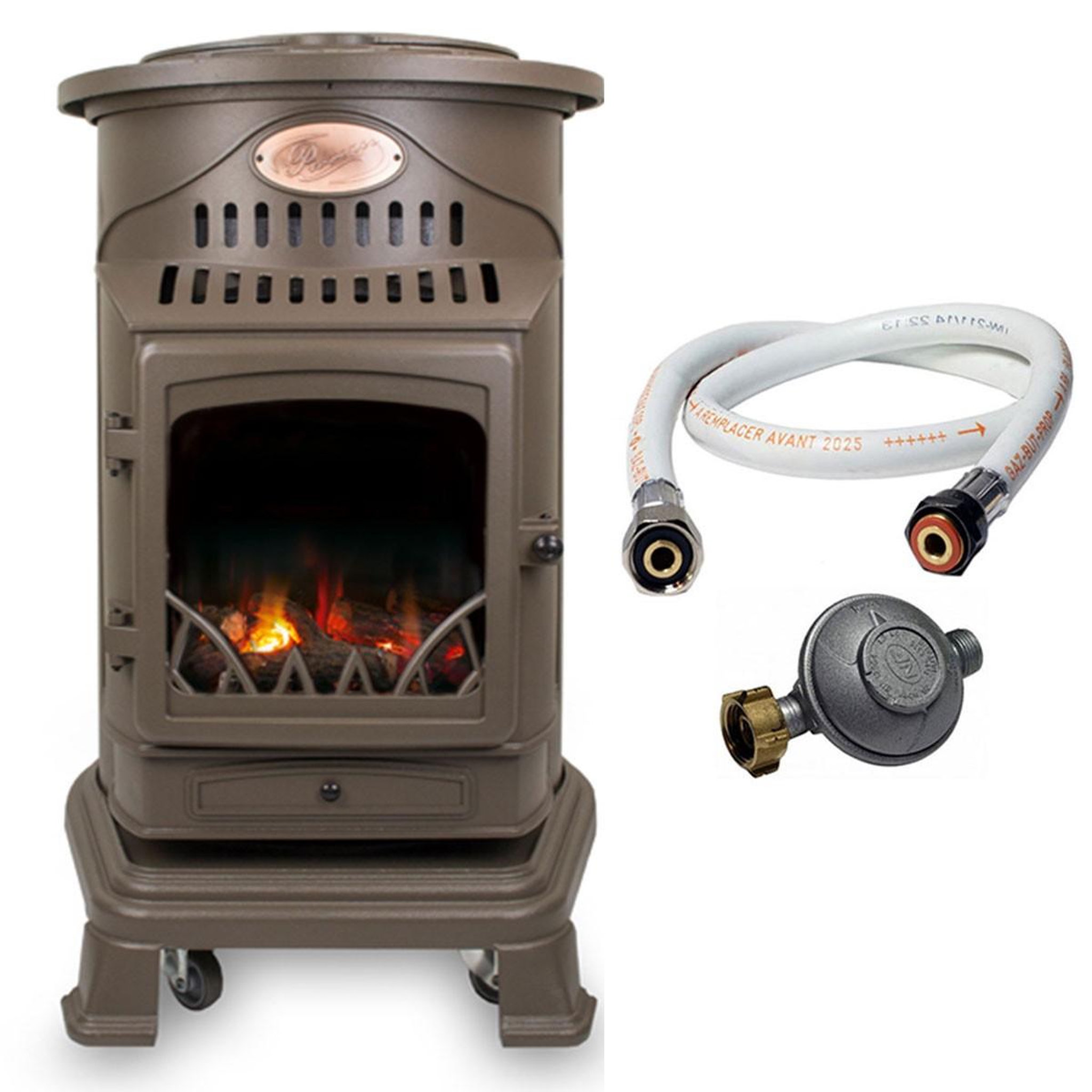 UNIVERSAL Poele à gaz 3,4kw fonte véritable provence marron miel + tuyau gaz + detendeur gaz butane universal