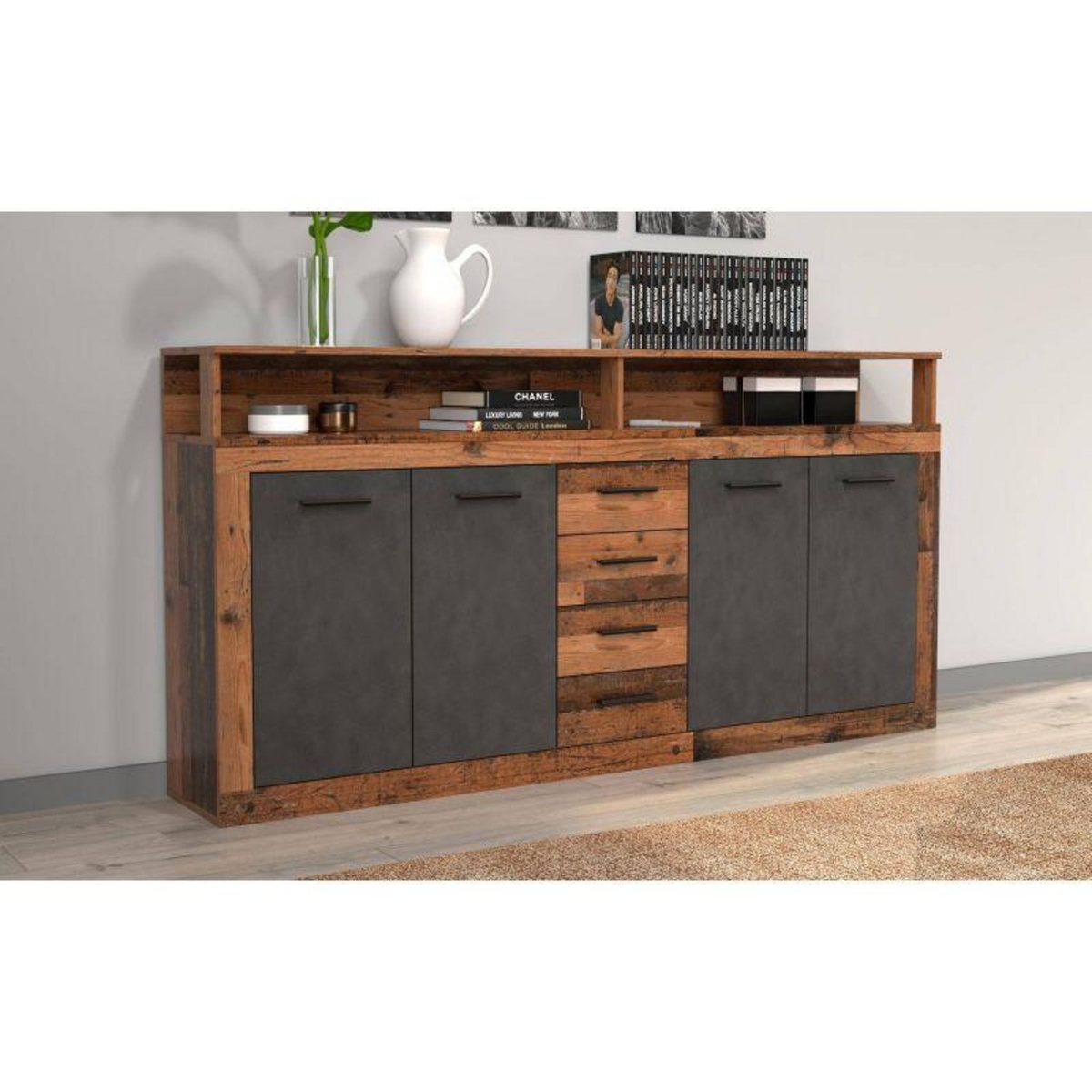 Paris Prix Buffet 4 Portes & 4 Tiroirs  Luna  190cm Marron & Gris