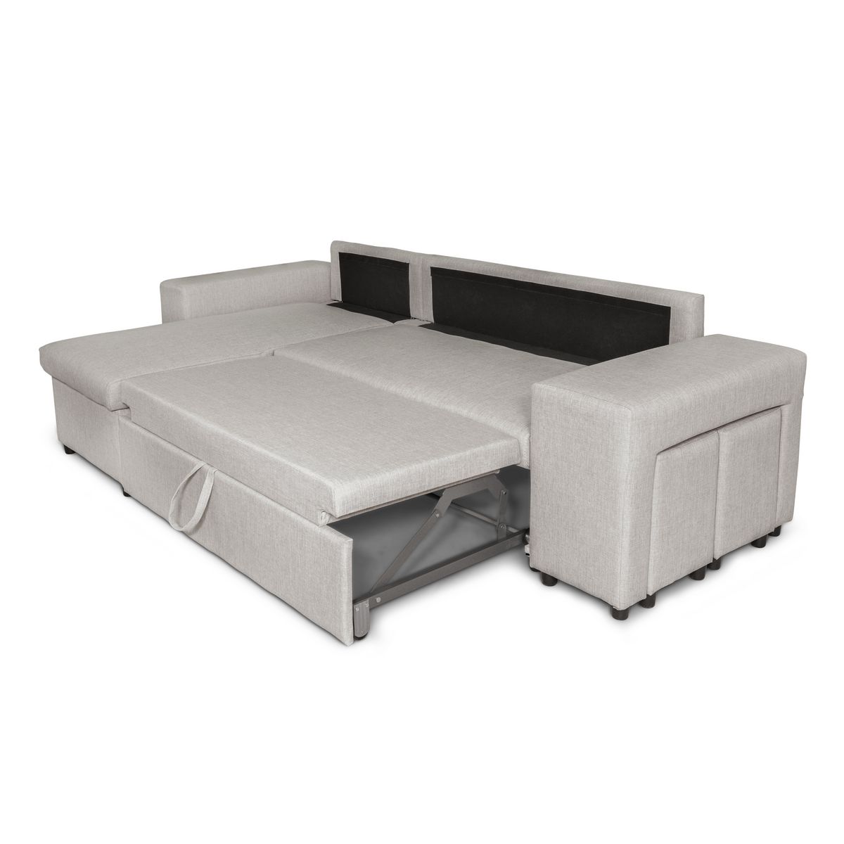 Canapé d'angle convertible avec coffre 3 places + 2 poufs à droite et étagère à gauche MACHA