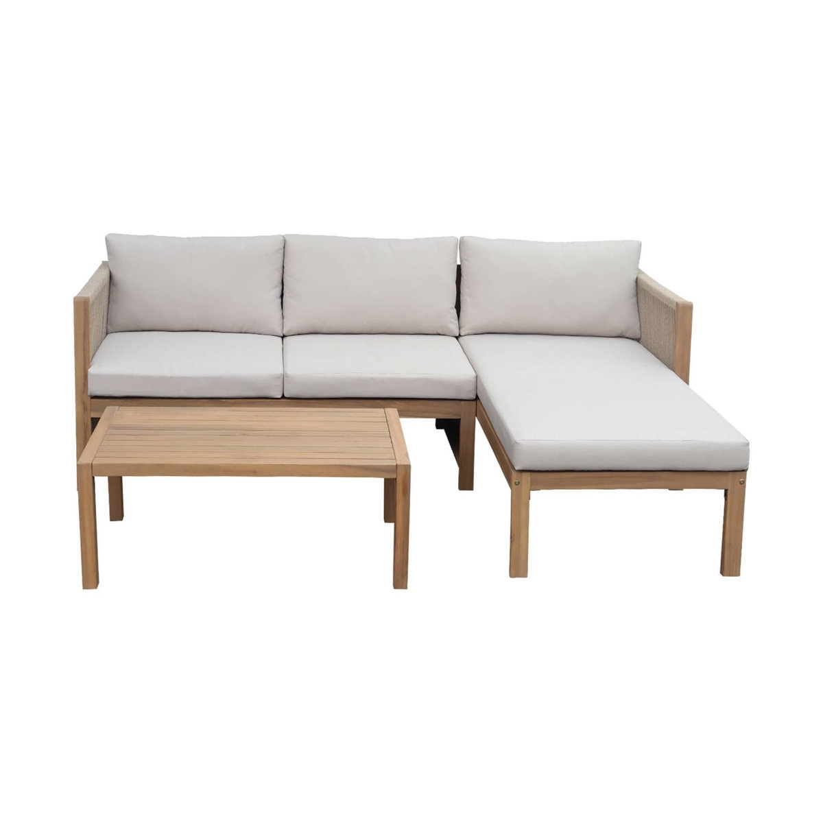 SWEEEK Salon de jardin d'angle bois d'acacia. corde et polyester 3 places table rectangulaire naturel et beige