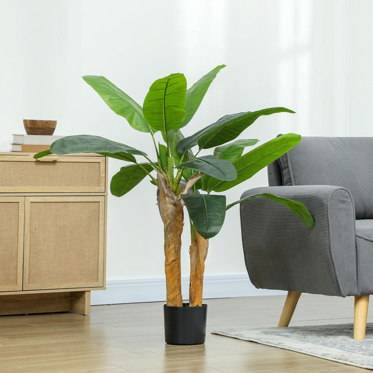 HOMCOM Plante artificielle bananier H.120 cm - grand réalisme - 15 feuilles - mousse effet lichen pots inclus