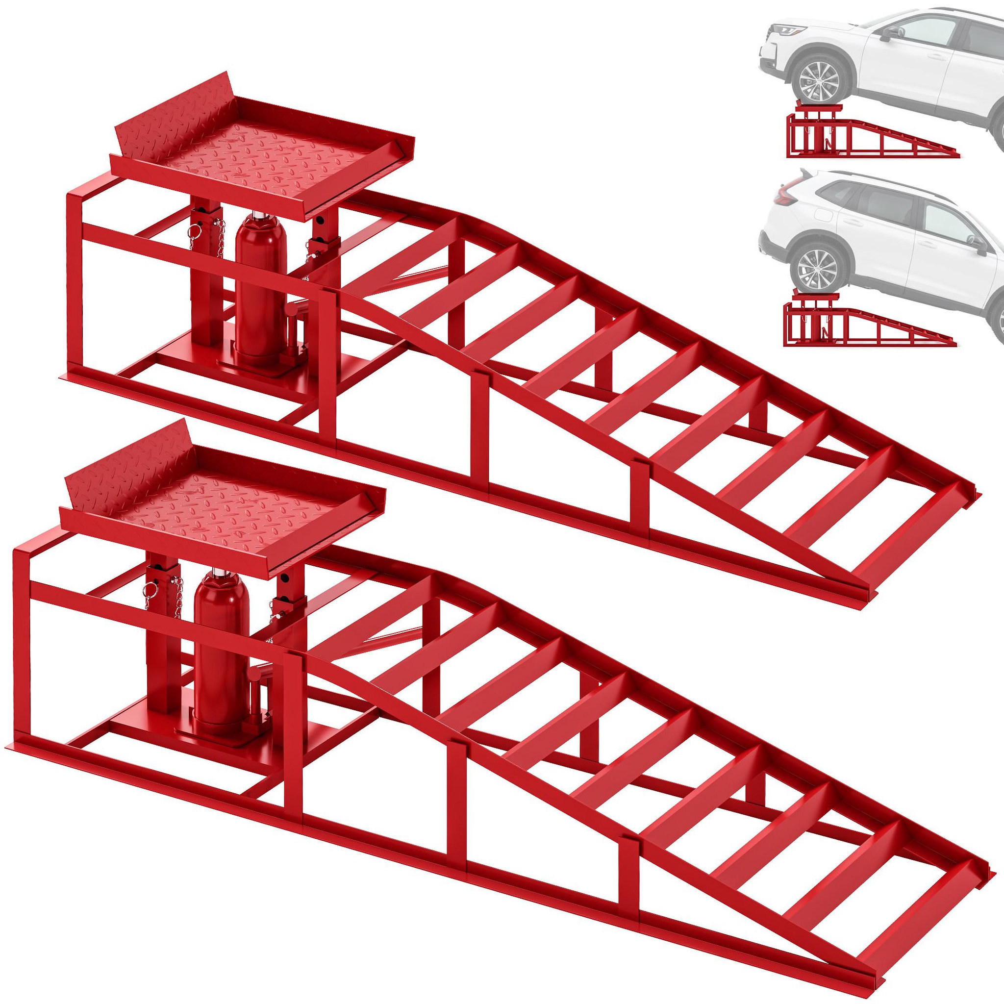 HOMCOM Lot de 2 rampes d'accès avec cric hydraulique 3T hauteur réglable