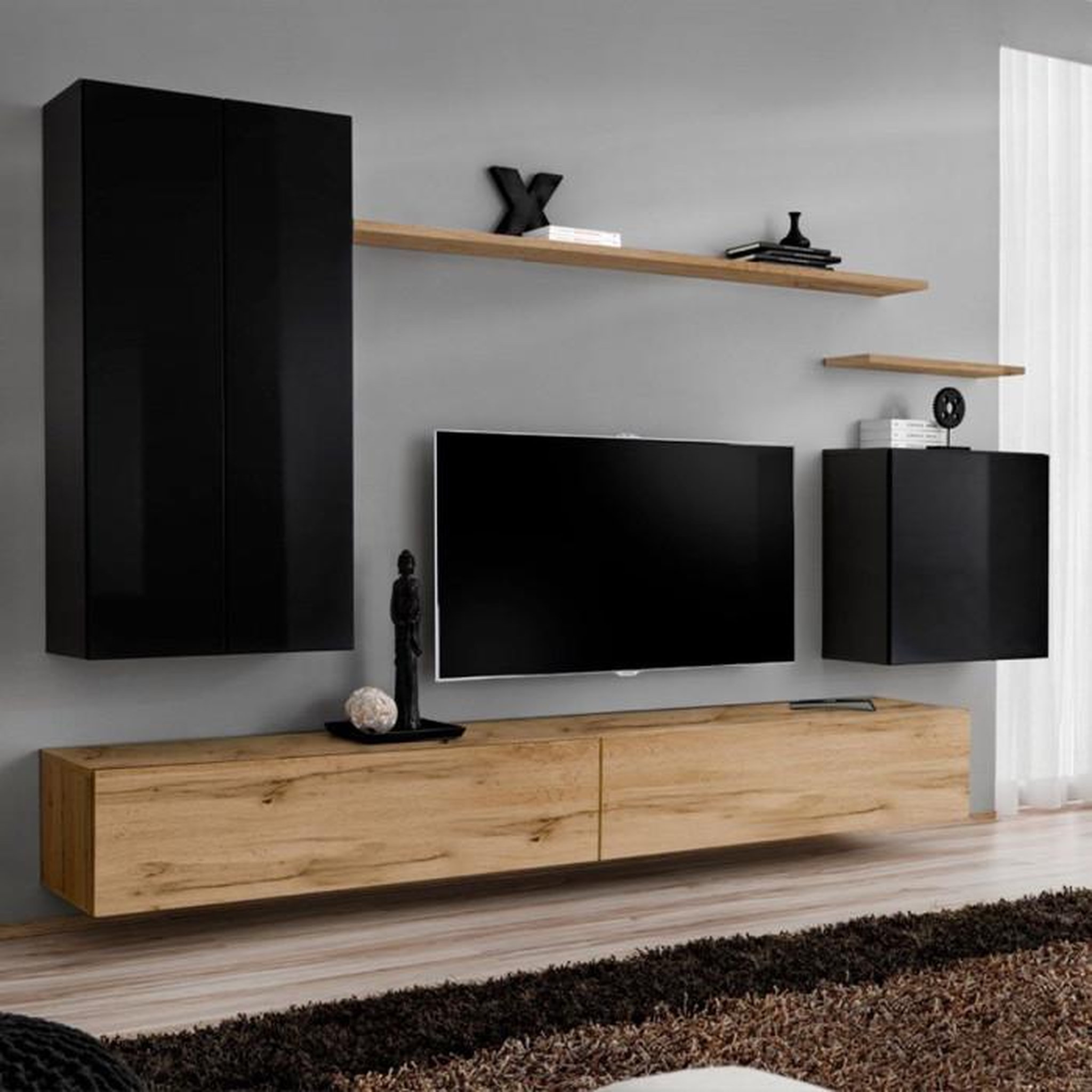 Voir la diapositive 1 : Paris Prix Meuble TV Mural Design  Switch II  270cm Noir & Naturel