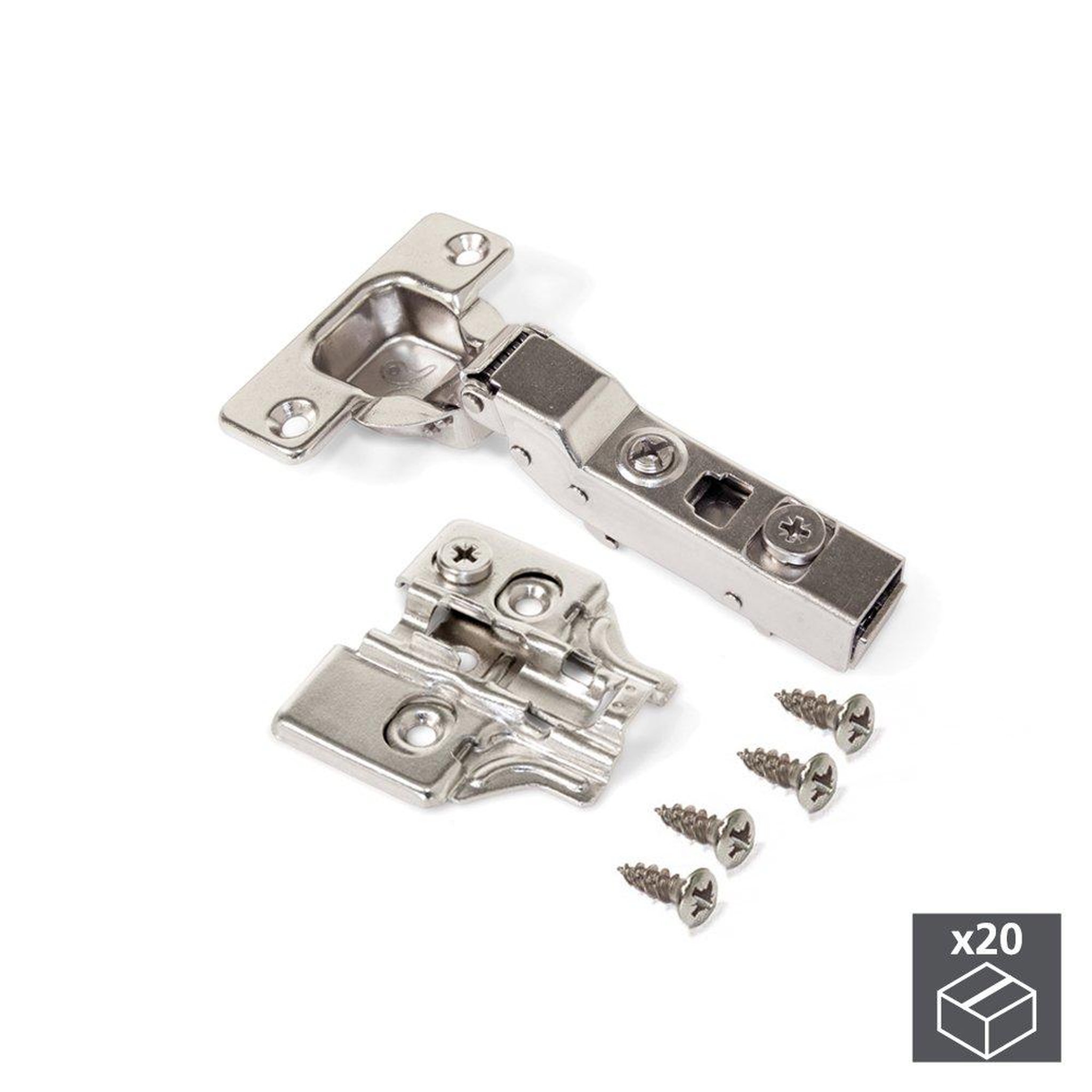 EMUCA SRL Lot de 20 charnières coudées pour montage en applique X91N avec ouverture 100º et embases avec réglage excentrique à visser