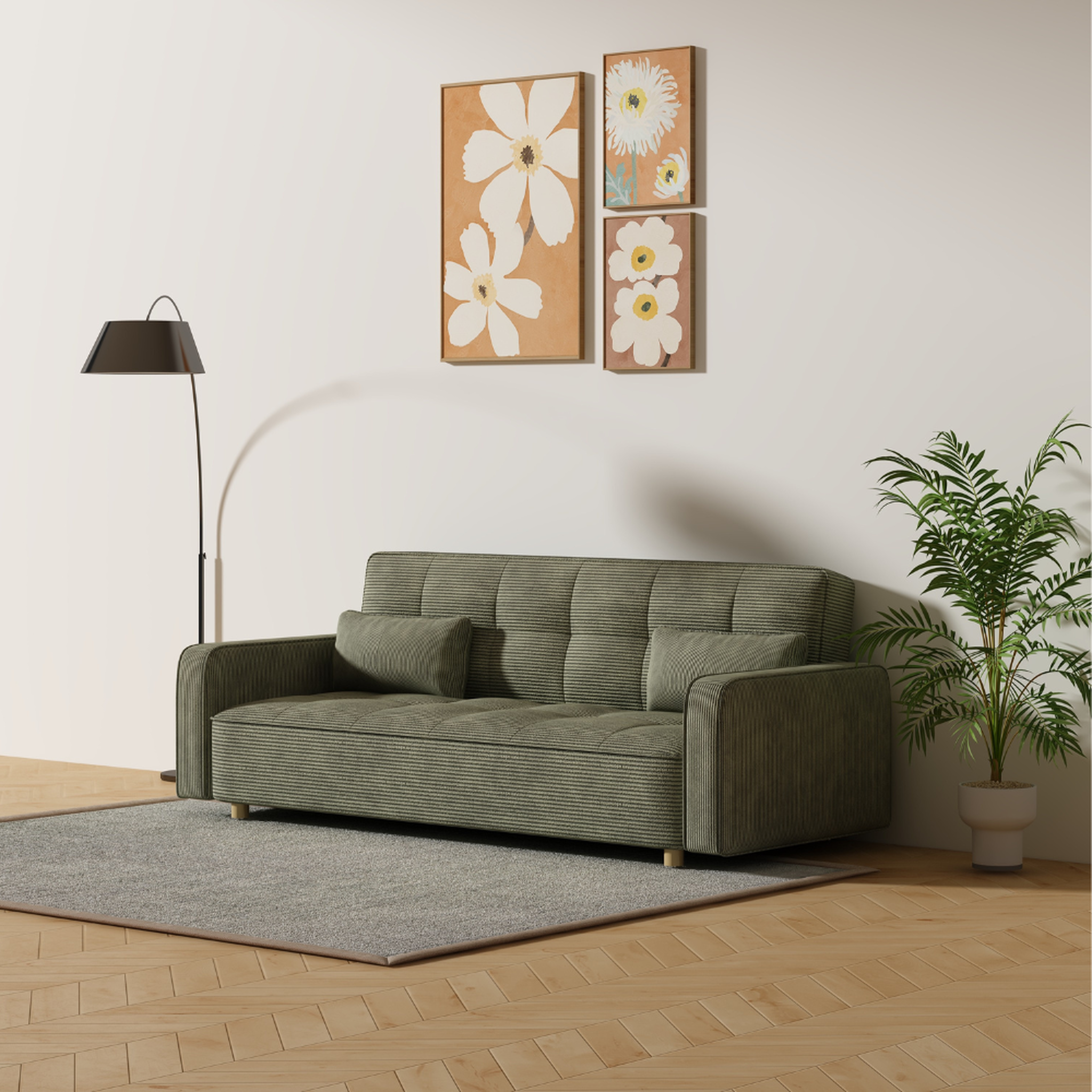 Voir la diapositive 4 : CONCEPT USINE Canapé scandinave convertible 3 places en velours côtelé vert copenhague