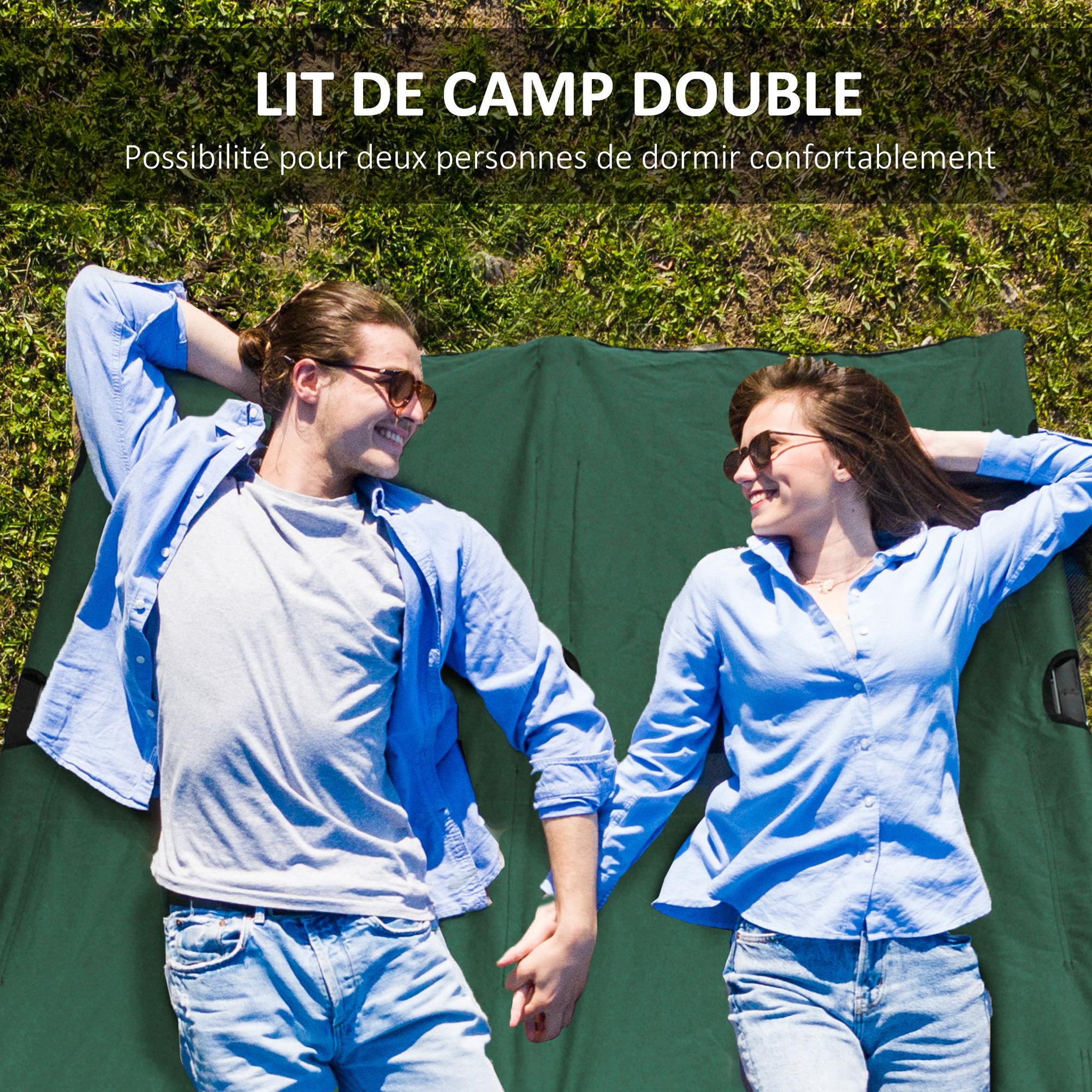 Voir la diapositive 5 : OUTSUNNY Lit de camp pliable double 193 x 125 x 40 cm avec sac de transport métal noir polyester Oxford vert