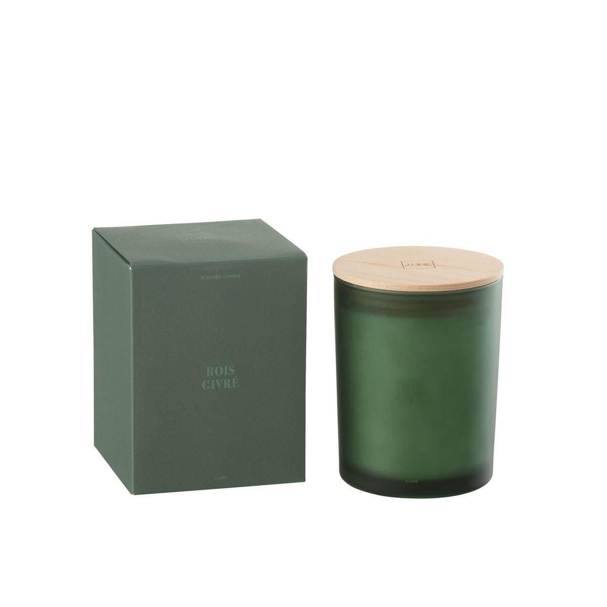 Voir la diapositive 2 : J-LINE Bougie parfumée  accords essentiels  14cm bois givré