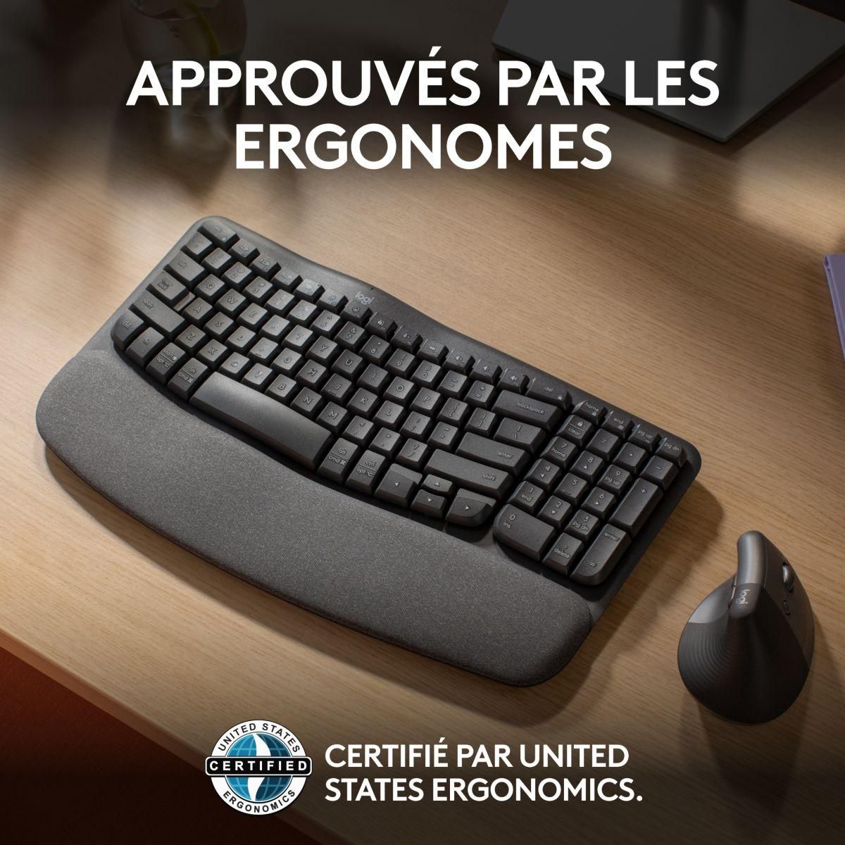 Logitech Clavier sans fil Wave Keys ergonomique +  repose poignets