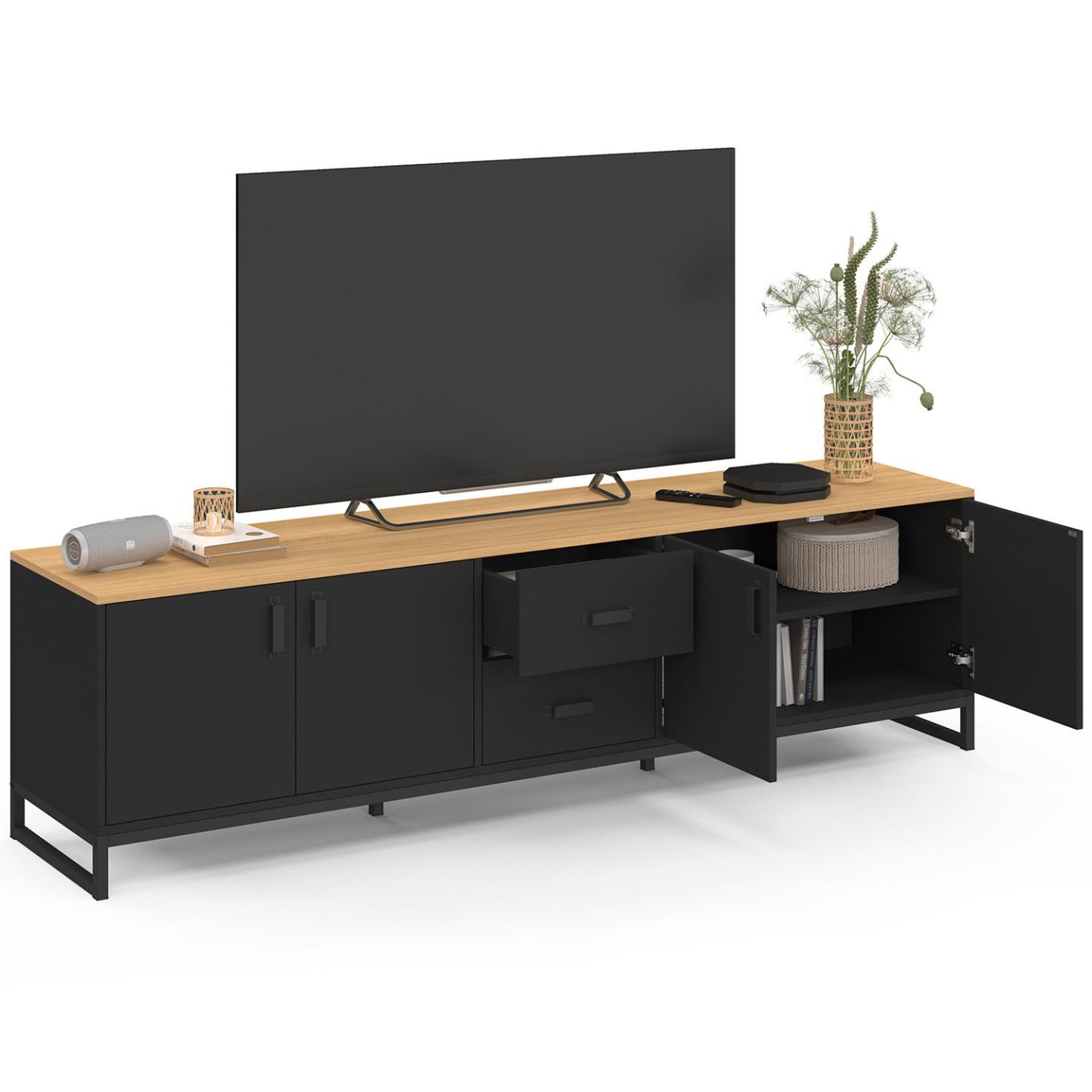 Voir la diapositive 4 : ID MARKET Meuble tv 180 cm washington 4 portes et 2 tiroirs bois et noir