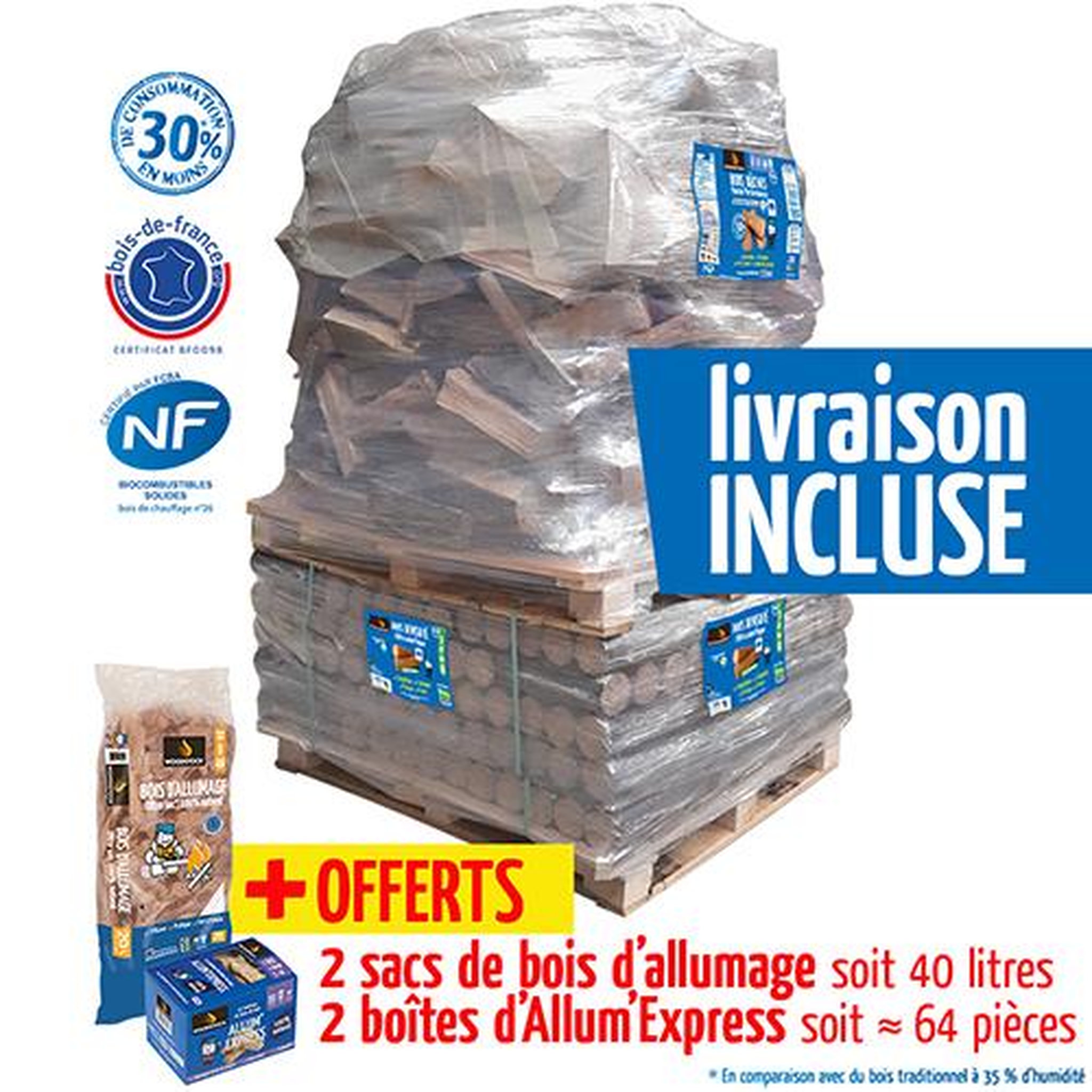 Voir la diapositive 2 : WOODSTOCK Pack Découverte Woodstock - 40 packs de bûches densifies + 1 300 dm de bûches 30 cm + allumage offert