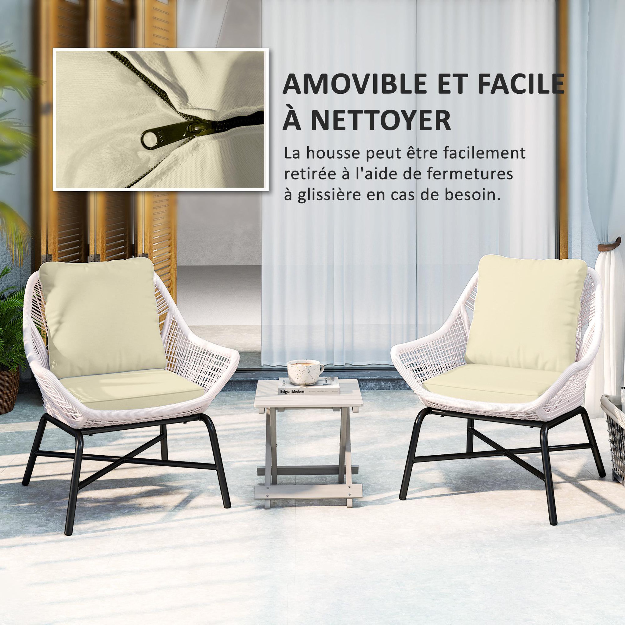 Voir la diapositive 6 : OUTSUNNY Lot de 2 coussins galettes assise dossier de chaises fauteuils de jardin polyester blanc cassé