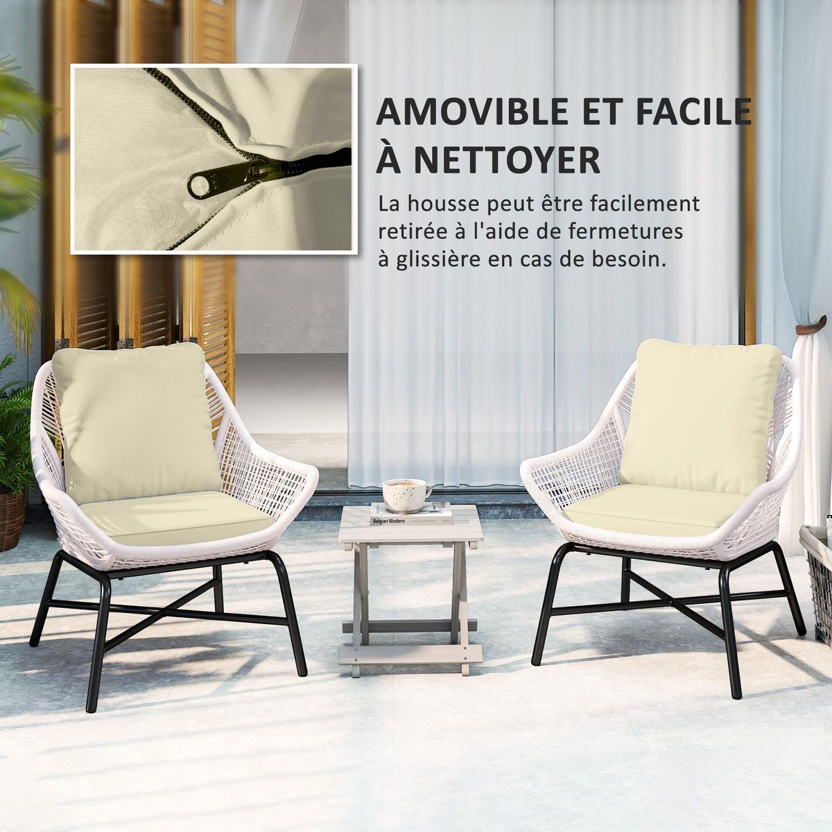 OUTSUNNY Lot de 2 coussins galettes assise dossier de chaises fauteuils de jardin polyester blanc cassé