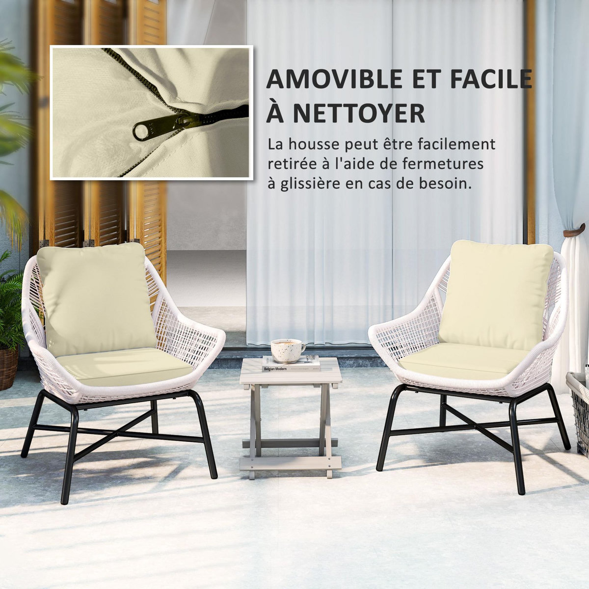 OUTSUNNY Lot de 2 coussins galettes assise dossier de chaises fauteuils de jardin polyester blanc cassé