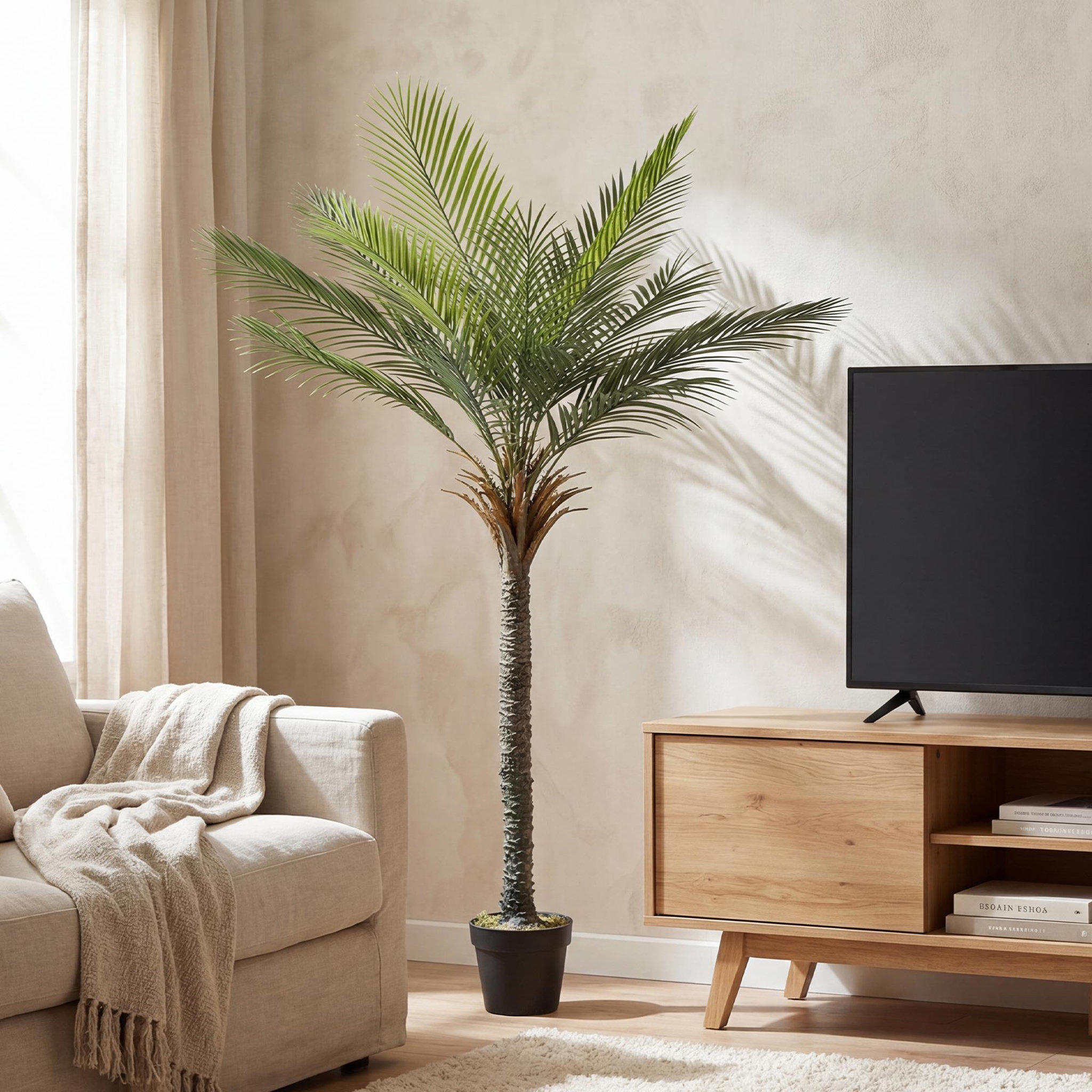 Voir la diapositive 2 : HOMCOM Grand palmier artificiel H.180 cm tropical 15 feuilles réalistes lichen pot inclus
