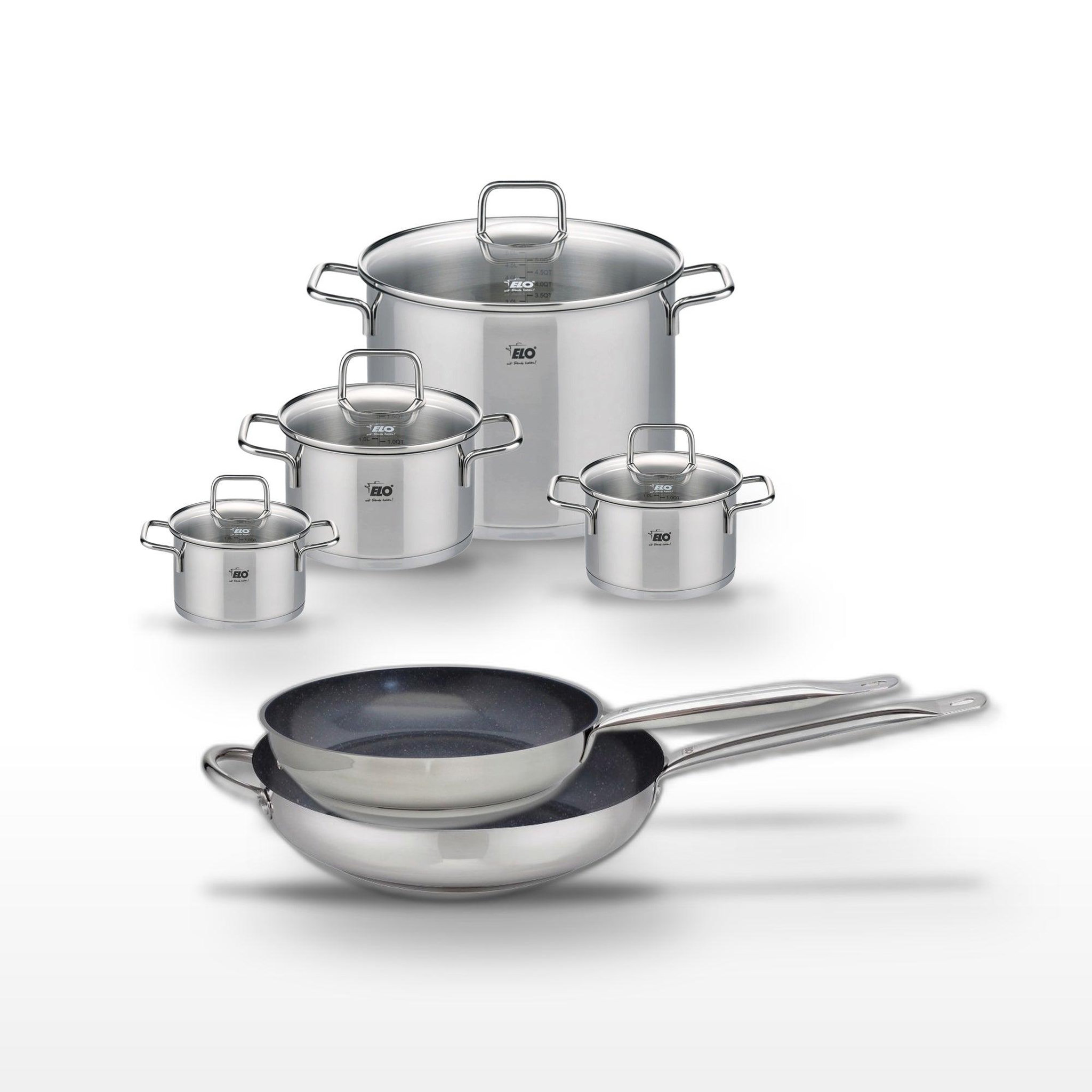 ELO Lot 2 poêles céramique 28/32cm & 4 faitouts inox 14/16/20/26cm elo profi therm platinum