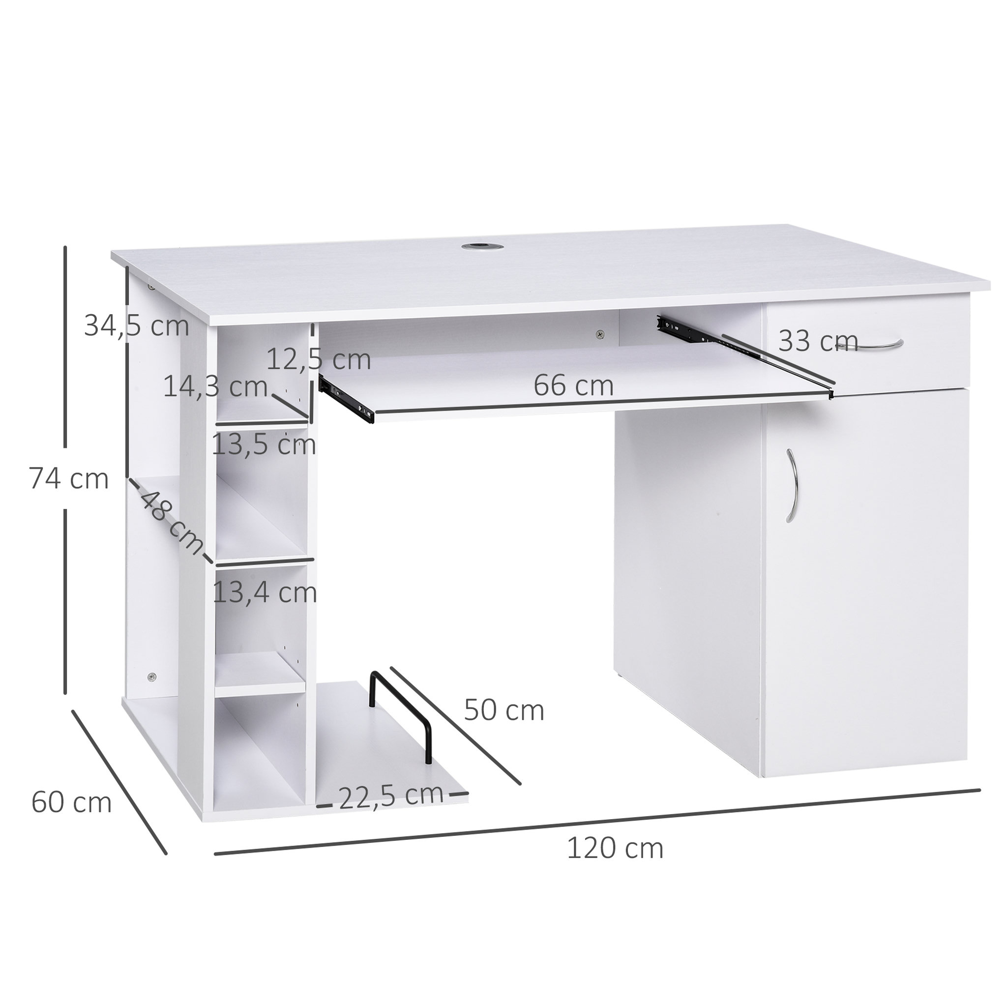 Voir la diapositive 3 : HOMCOM Bureau informatique multimédia multi-rangements avec étagère tiroir tablette clavier MDF 120 x 60 x 74 cm blanc