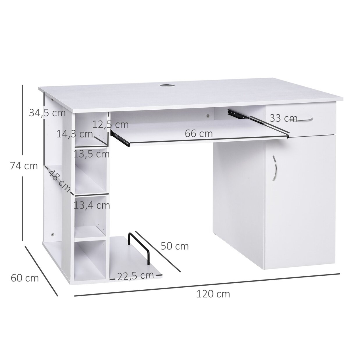 HOMCOM Bureau informatique multimédia multi-rangements avec étagère tiroir tablette clavier MDF 120 x 60 x 74 cm blanc