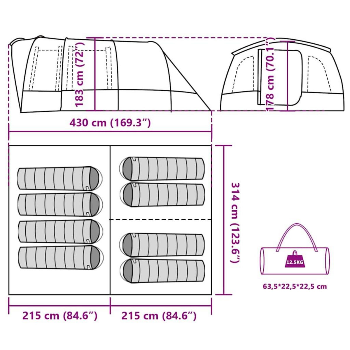VIDAXL Tente familiale tunnel 8 personnes bleu impermeable