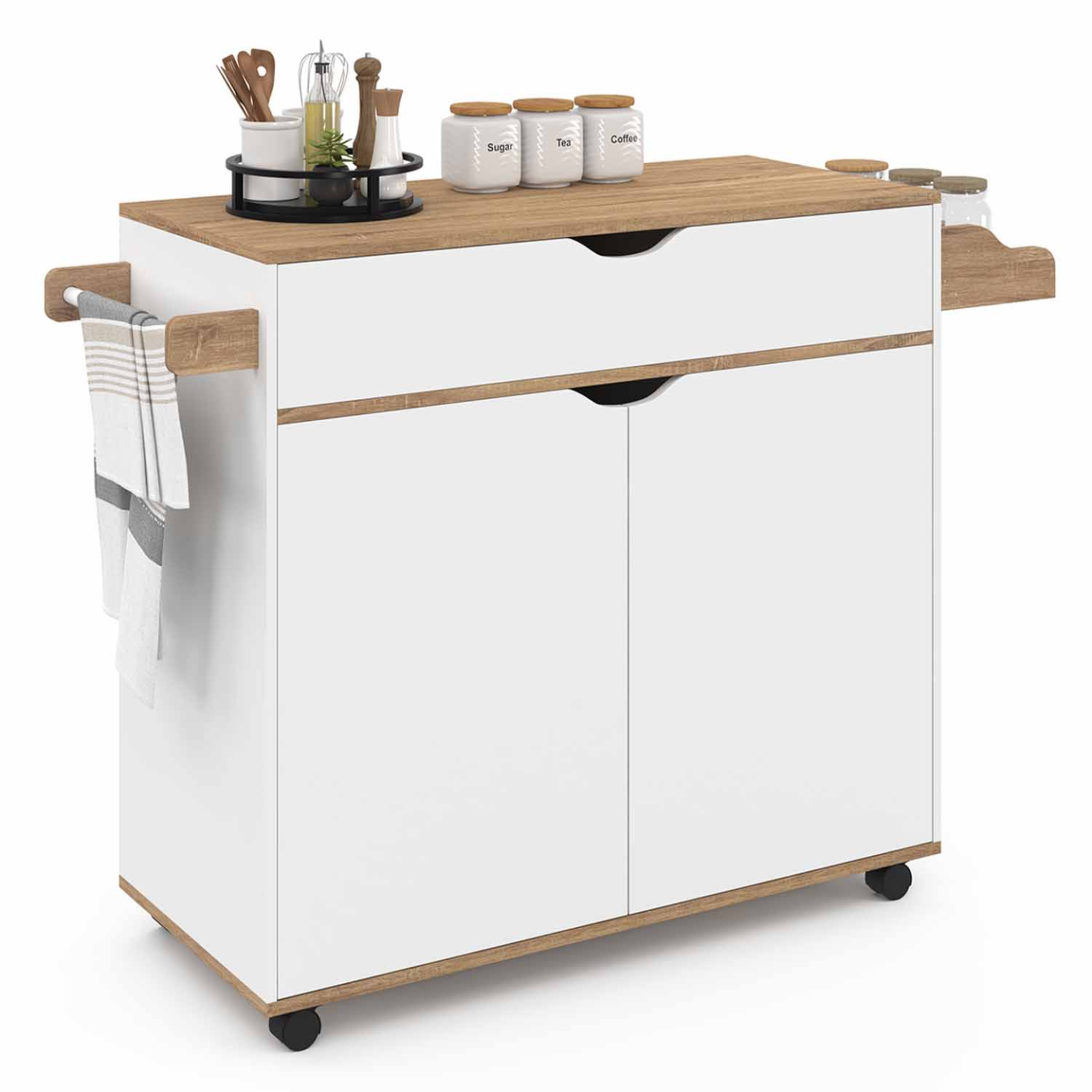 ID MARKET Desserte de cuisine cosy xxl placard avec tiroir blanc et plateaux façon hêtre l.90 cm