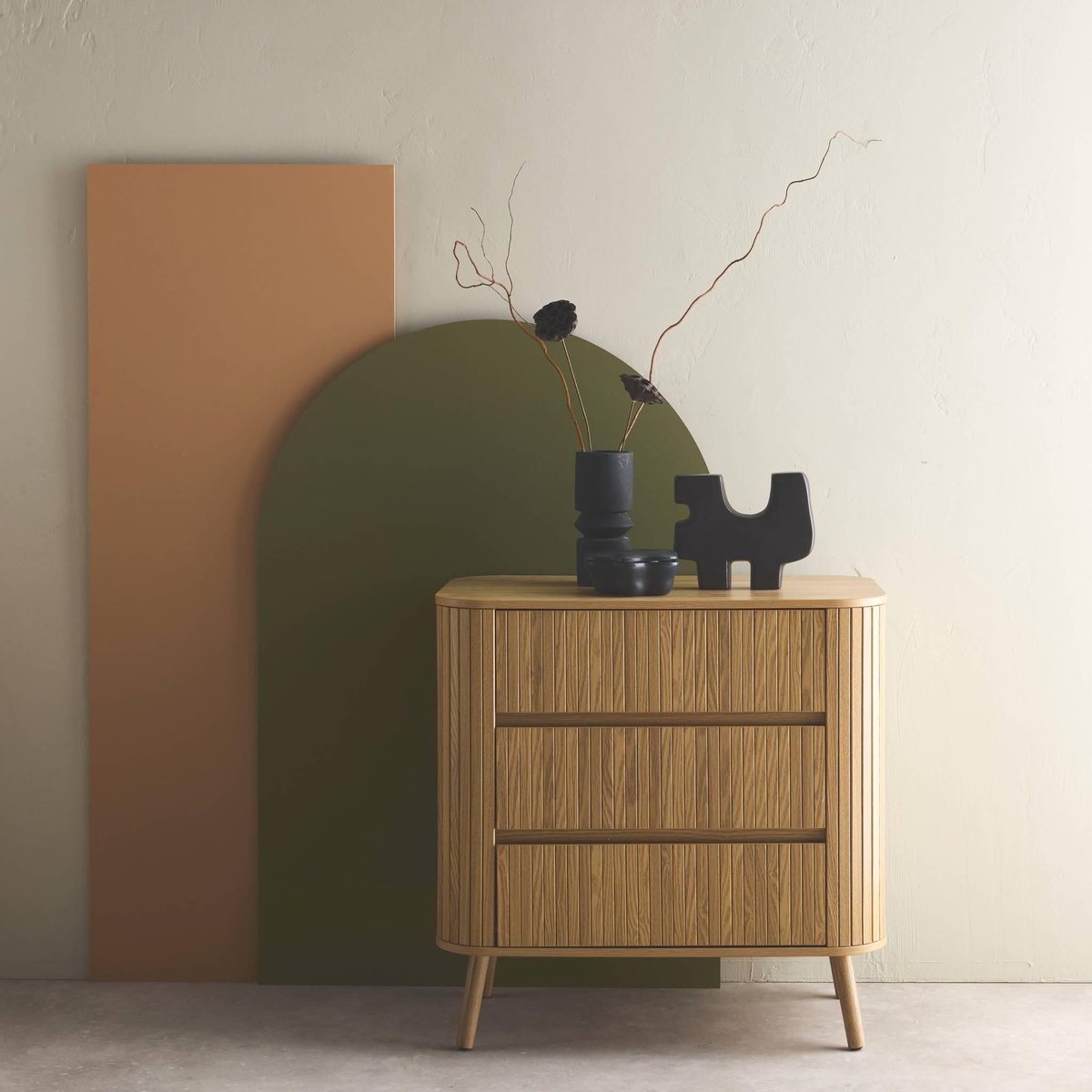 SWEEEK Commode 3 tiroirs. décor strié naturel. L 80x P 45  H 80cm