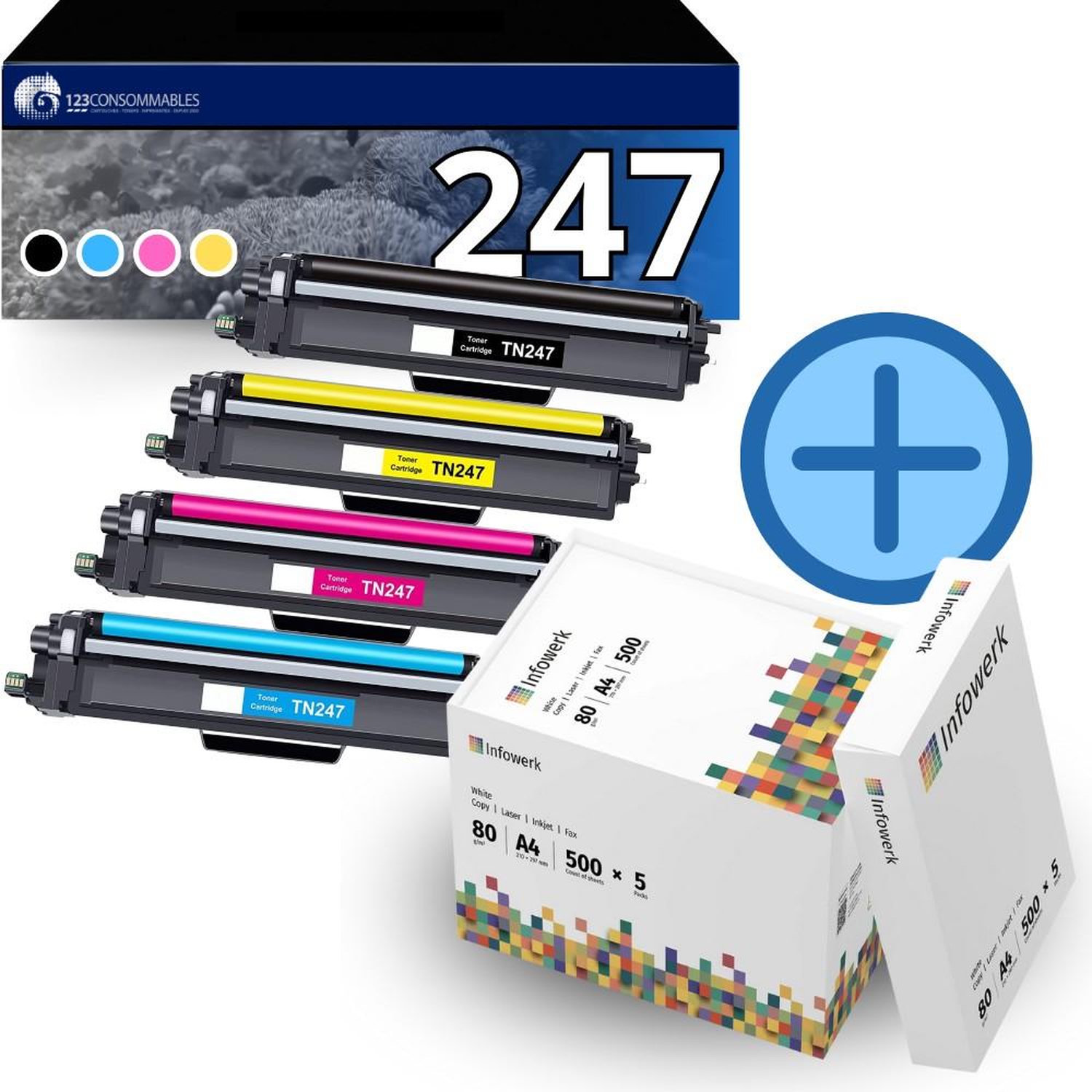 Pack 4 toners compatible BROTHER TN 247 + 5 ramettes de papier A4 Neuf - vue 2