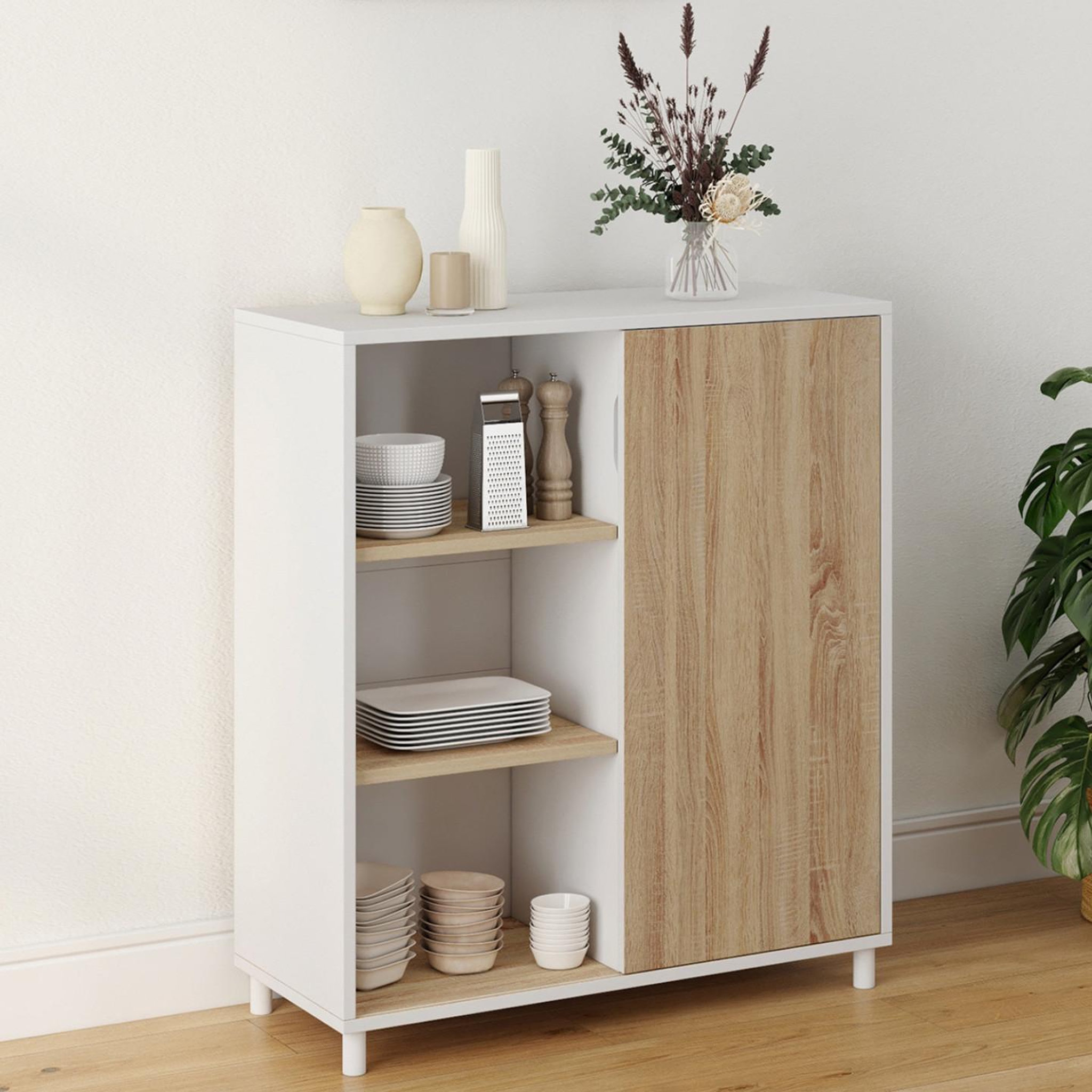 Voir la diapositive 2 : ID MARKET Buffet d'appoint 70 cm easy montage facile sans outils 3 étagères et 1 porte coulissante réversible blanc et bois