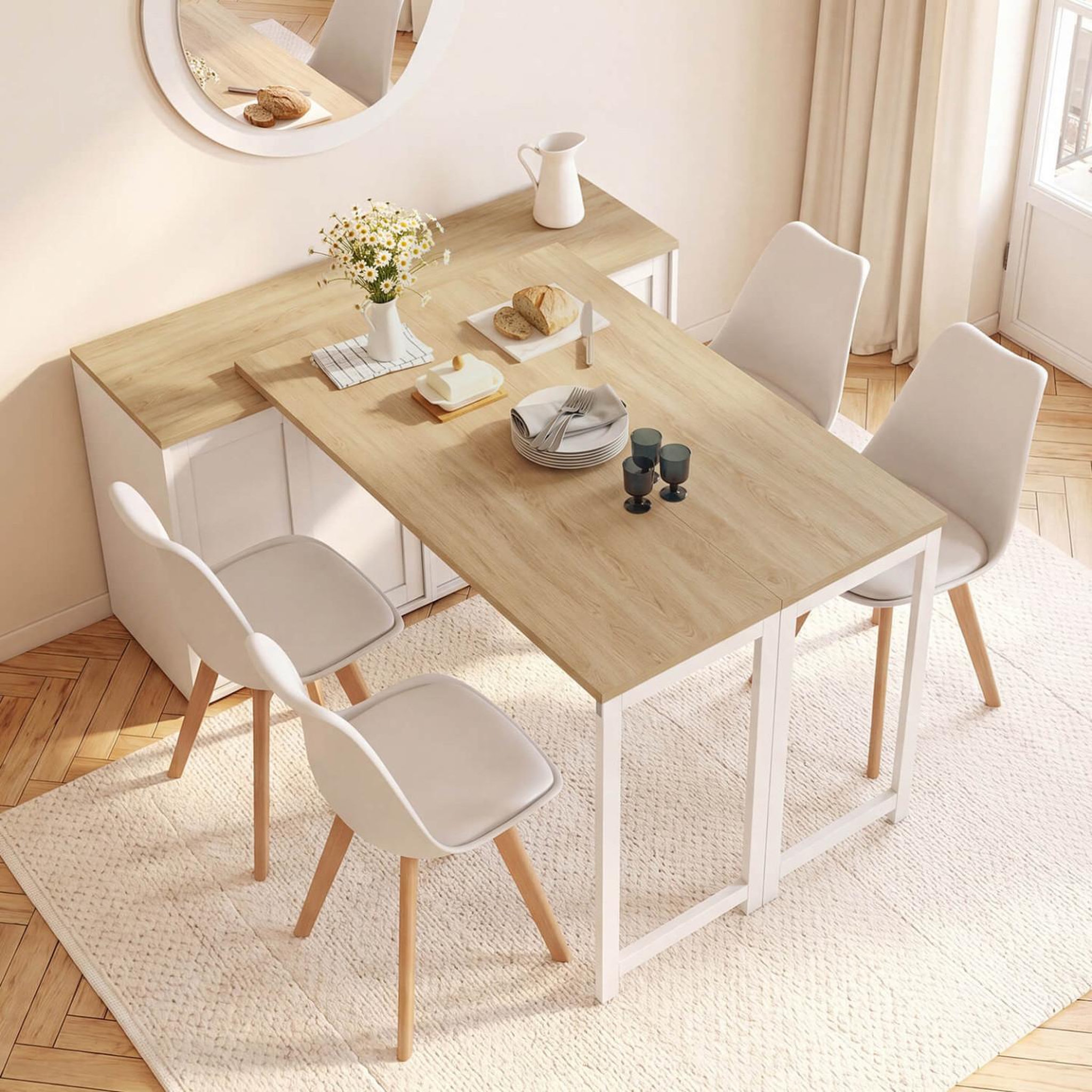 Voir la diapositive 2 : ID MARKET Buffet extensible 120 cm 2 portes coulissantes avec table à manger rotative et pliable jango 2 à 4 personnes blanc et bois