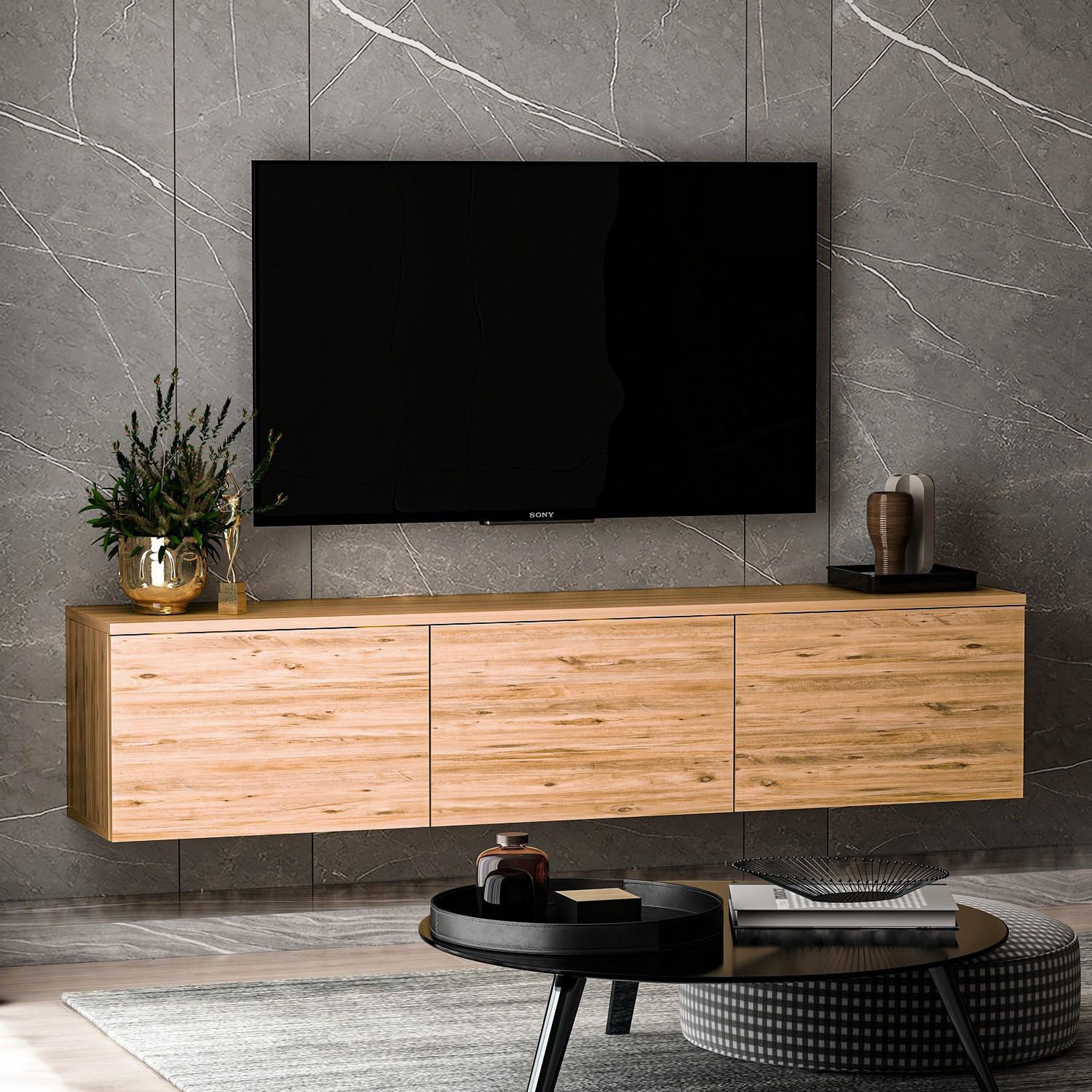 Voir la diapositive 3 : Habitat et Jardin Meuble tv suspendu en bois avec éclairage led  neon  - 160 x 32 x 35 cm - marron clair