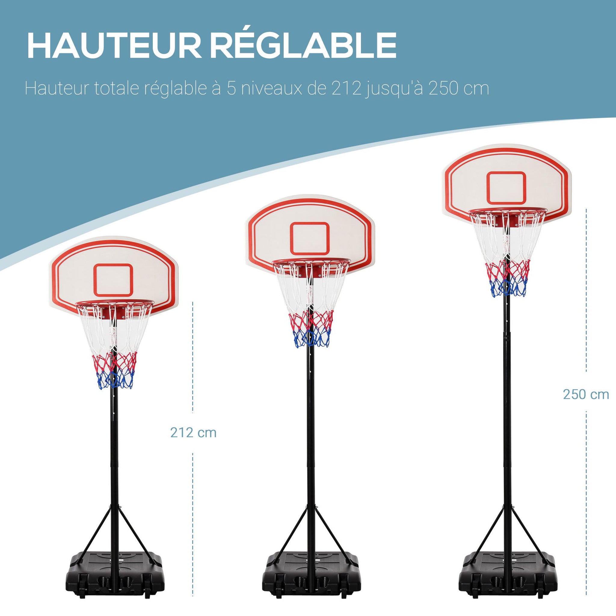 Voir la diapositive 4 : HOMCOM Panier de basket-ball sur pied avec poteau panneau, base de lestage sur roulettes hauteur réglable 2,1 - 2,5 m noir blanc