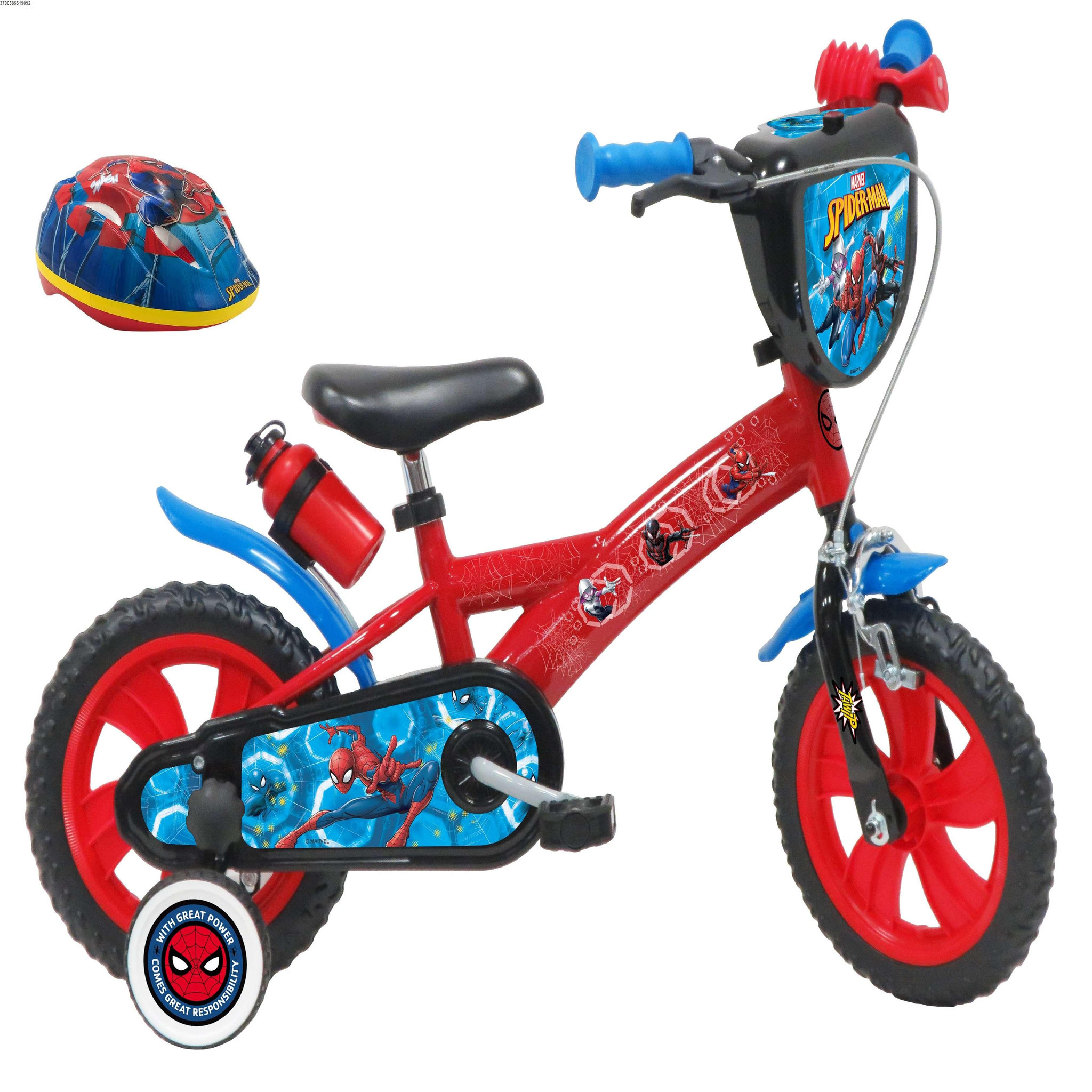Voir la diapositive 1 : Marvel Vélo enfant - Modèle 12'' Spiderman + Casque pour enfant de 85/100 cm avec stabilisateurs - Plaque décorative avant - Porte bidon - 1 frein et roues à bâtons