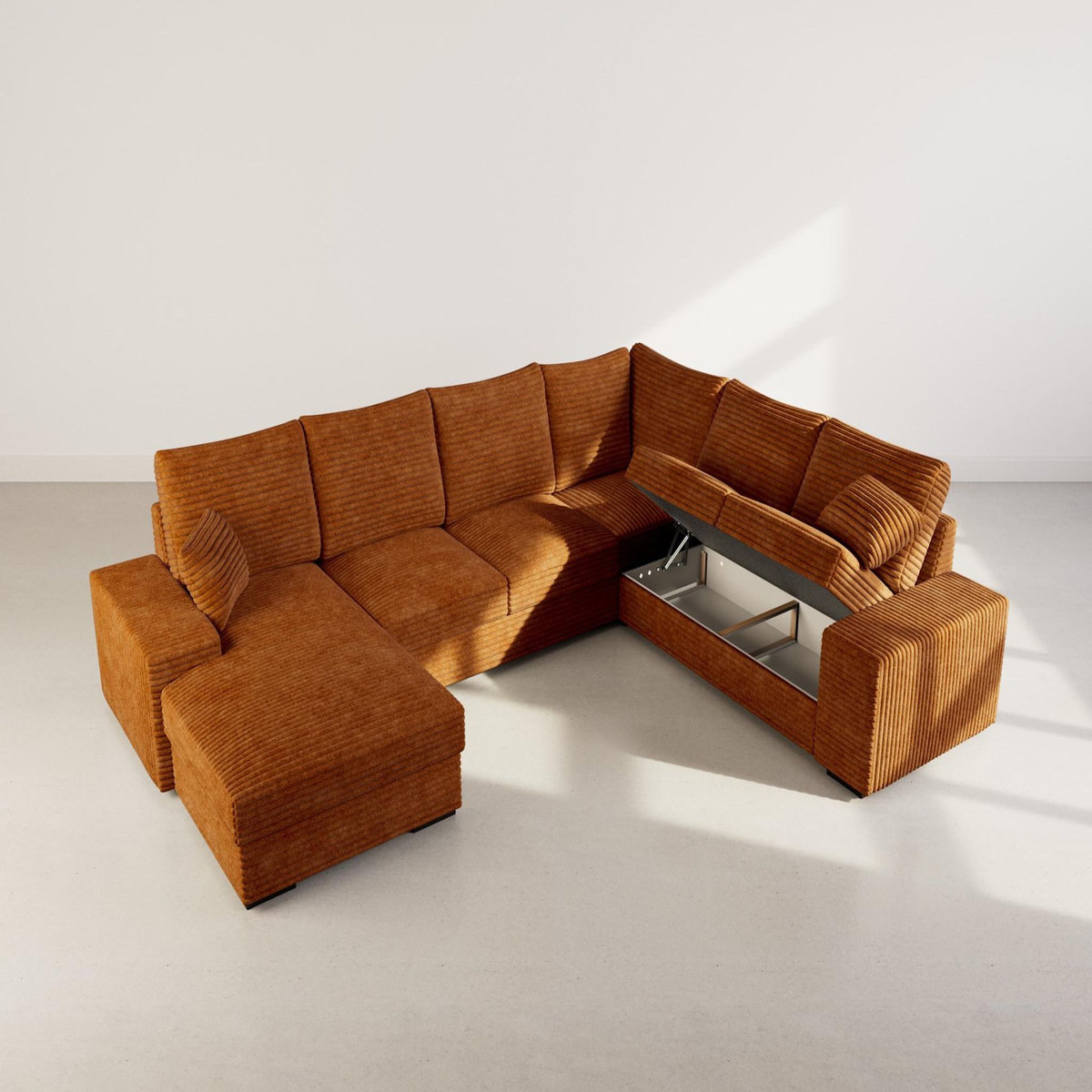 BEST MOBILIER Lorie - canapé panoramique d'angle droit 7 places convertible en velours côtelé grosse côte avec coffre