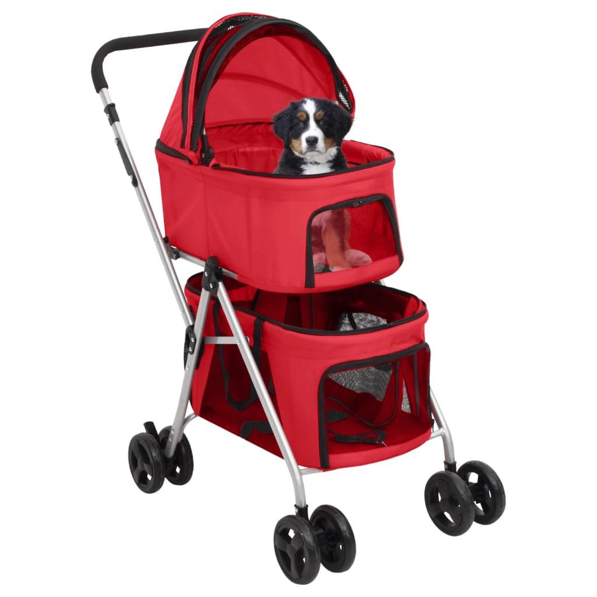 Voir la diapositive 2 : VIDAXL Poussette pour chien pliante a 2 niveaux Rouge 83x48x97 cm