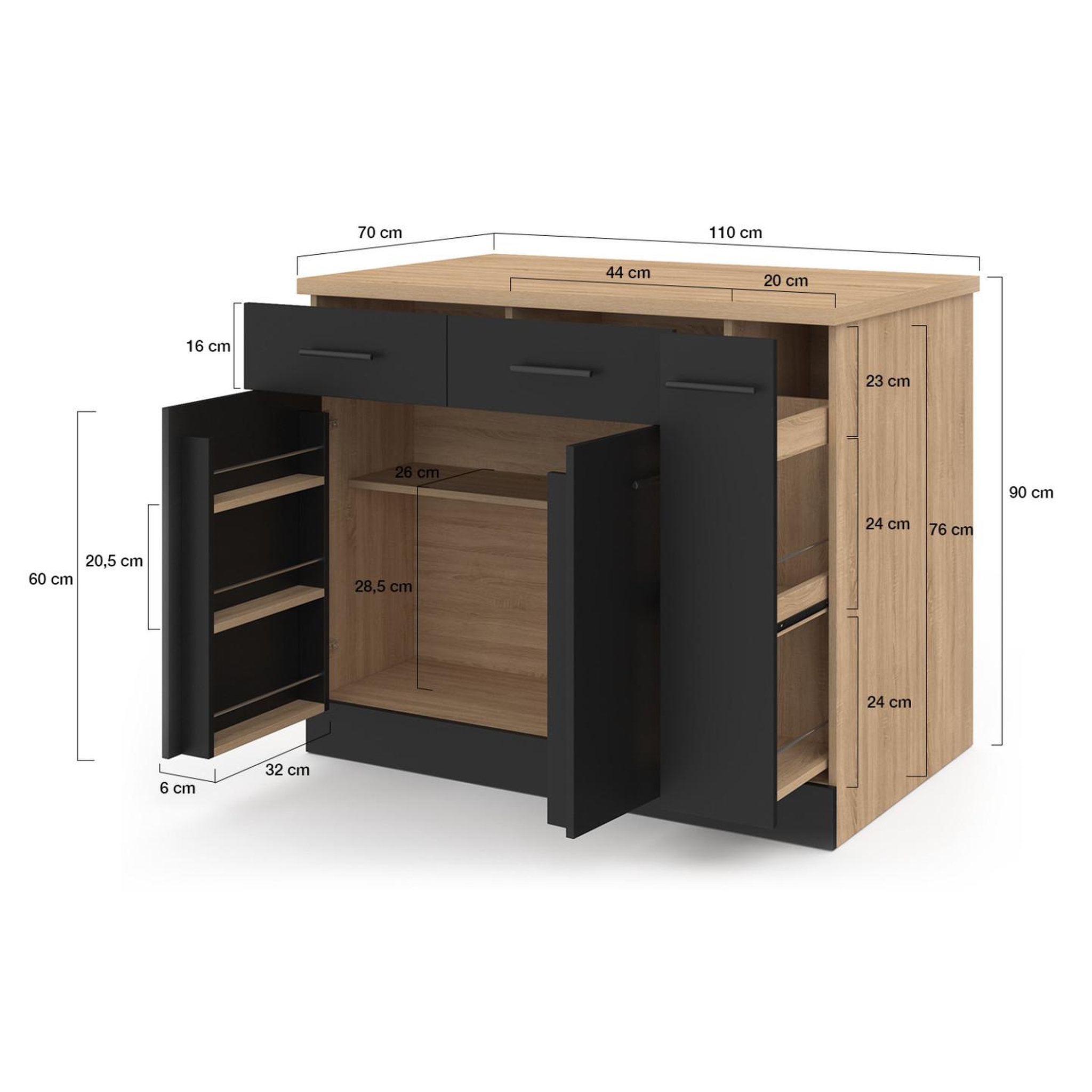 Voir la diapositive 6 : ID MARKET Ilot central alto portes avec rangements, tiroirs, rangement coulissant et plan de travail façon hêtre et noir
