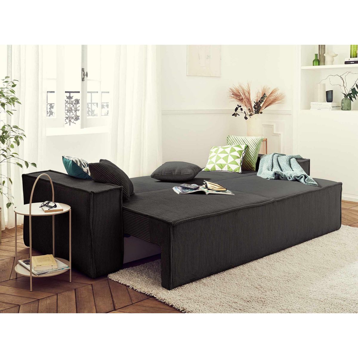 BEST MOBILIER Dellia - canapé 3 places convertible - avec coffre - en velours côtelé - style contemporain