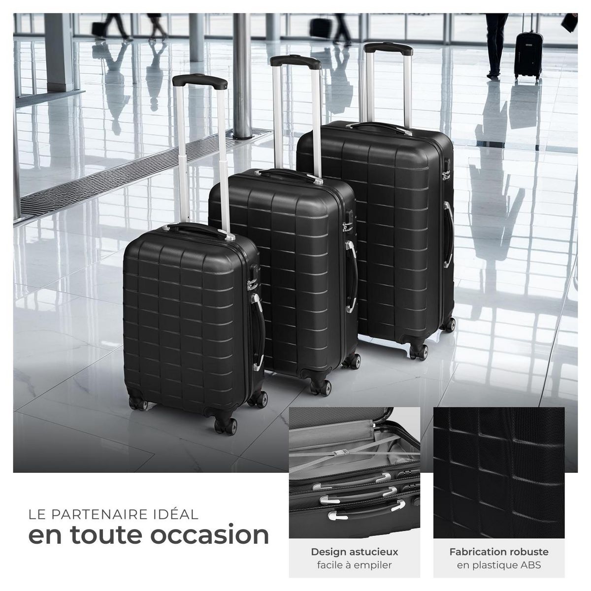 tectake Set de valises rigides 3 parties, en plastique ABS robuste noir