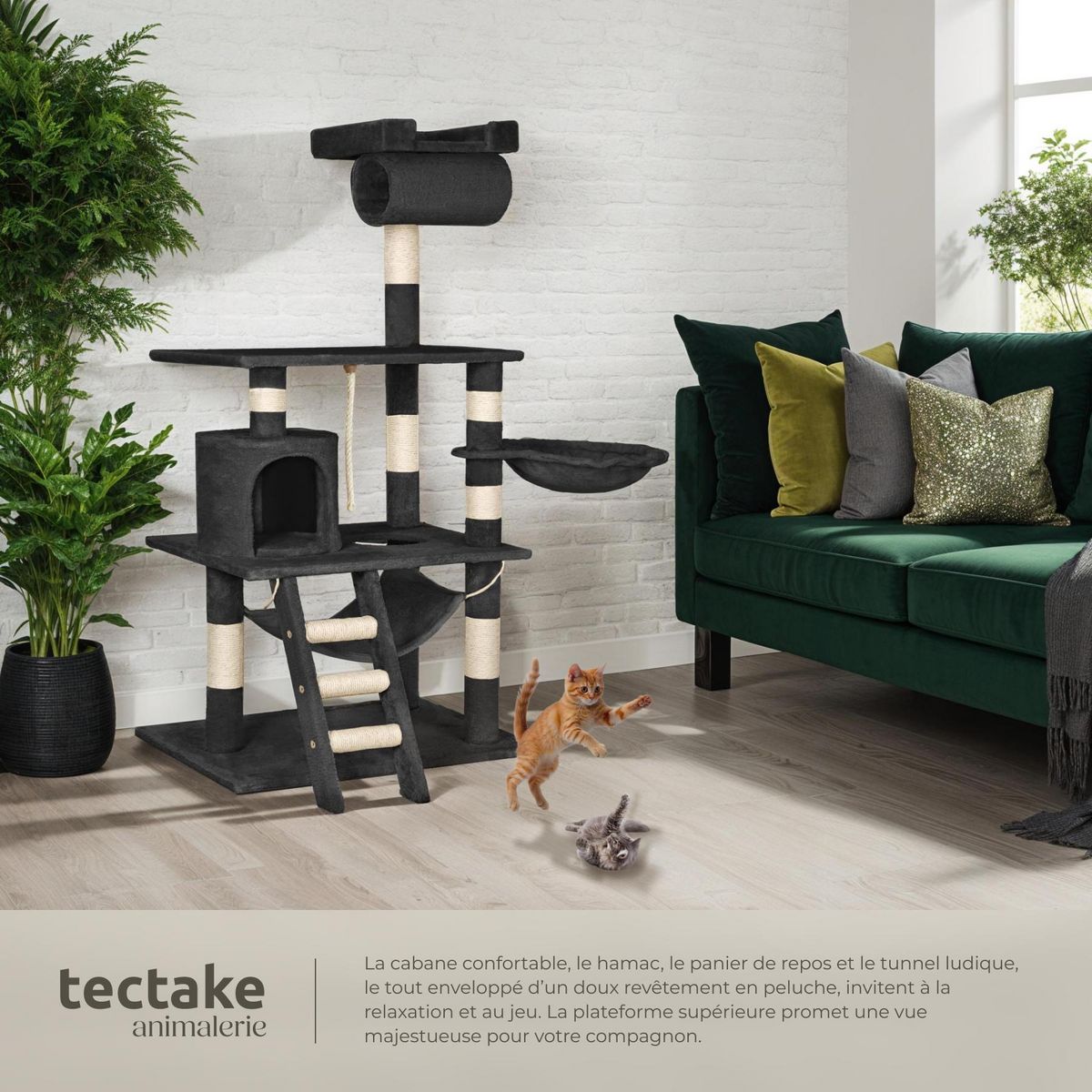 tectake Arbre à chat 141 cm avec griffoir et plateforme d'escalade noir