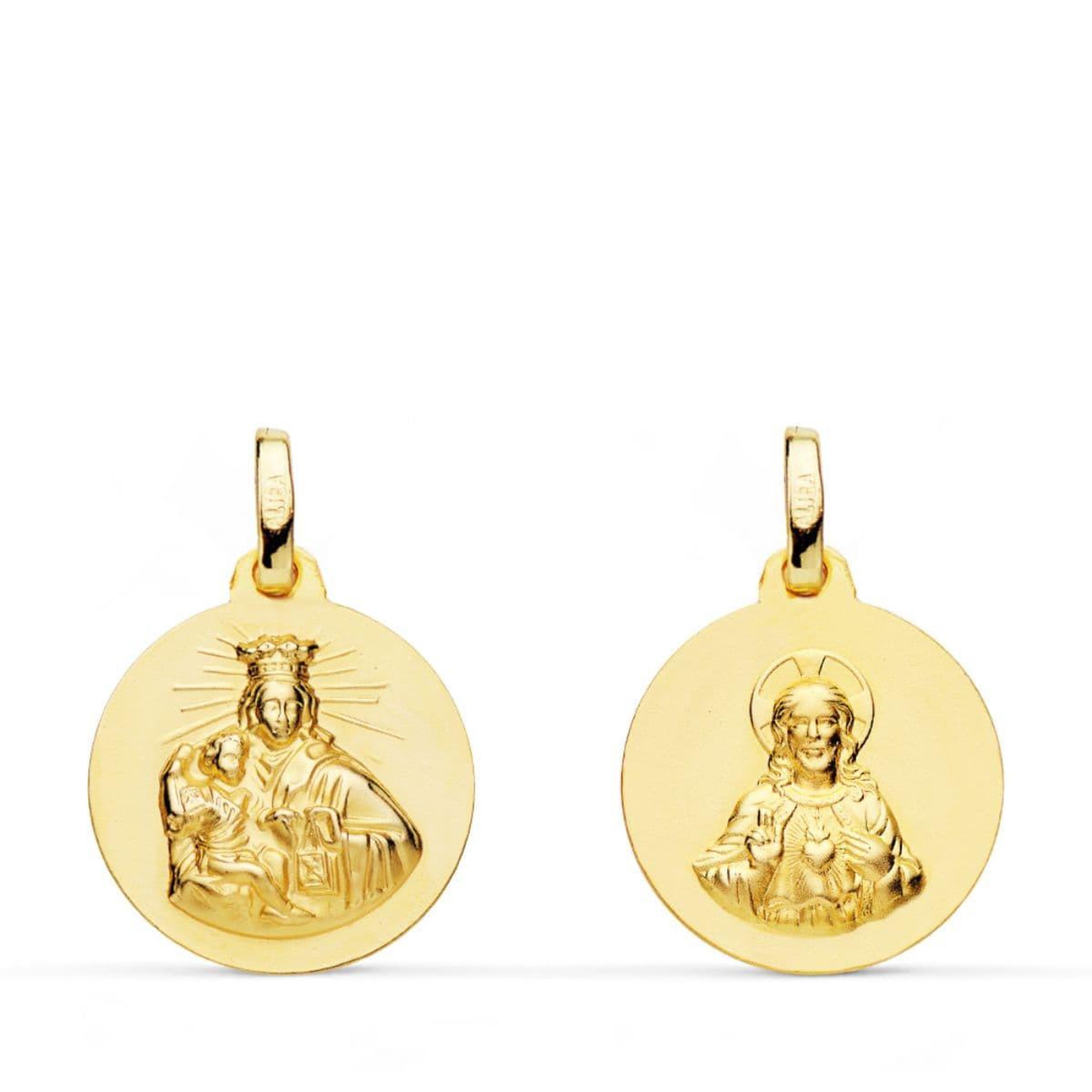 L'ATELIER D'AZUR Pendentif Médaille Scapulaire Or Jaune - Vierge du Carmen et Sacré Coeur de Jesus - Chaine Offerte