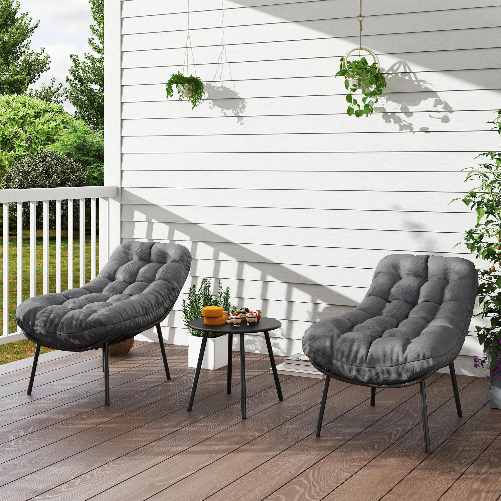 Voir la diapositive 4 : OUTSUNNY Salon de jardin 2 places 3 pièces style cosy épais coussins capitonnés 15 cm acier résine gris