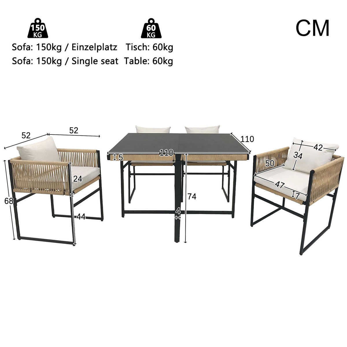 MERAX Salon de jardin repas 4 places en fer avec table verre trempé, 4 chaises empilables, noir