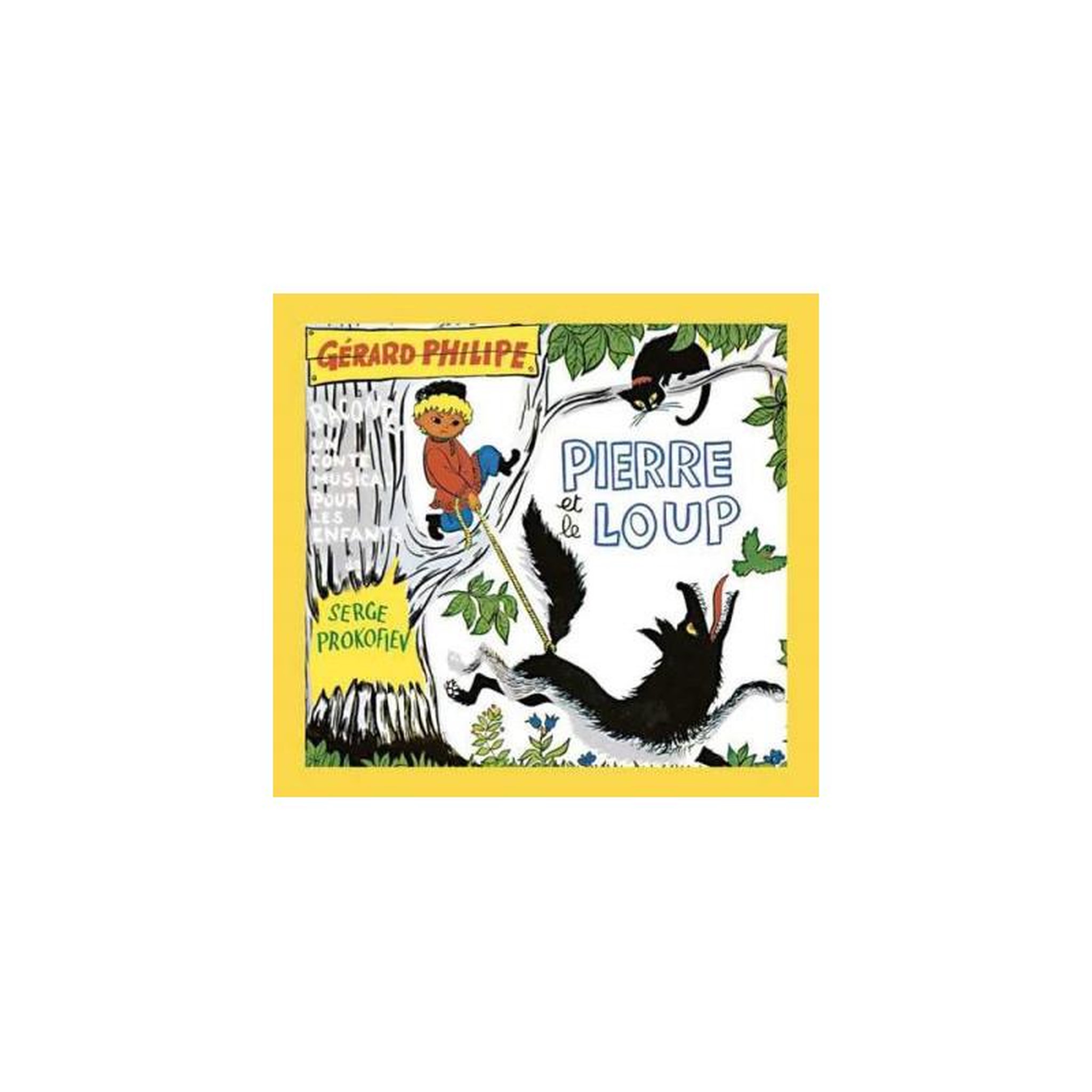 Vinyle illustré pierre et le loup par gérard philipe, couverture rectangulaire à bordure jaune