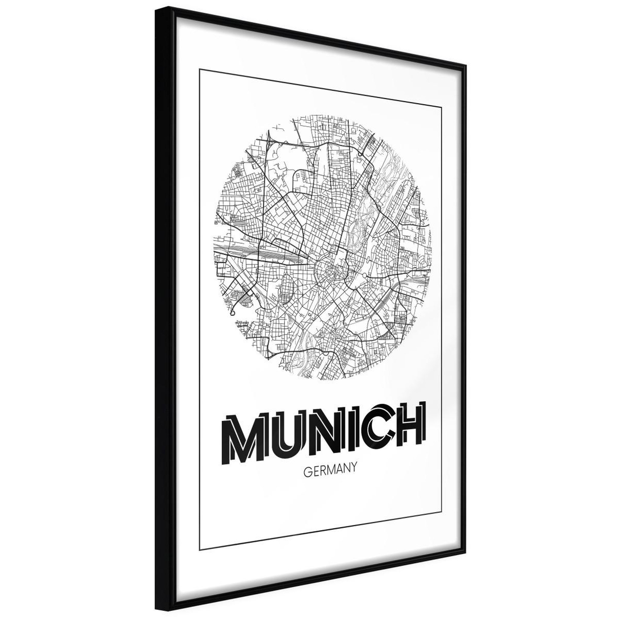 Paris Prix Affiche murale encadrée  city map munich round. Coloris disponibles : Noir, Jaune
