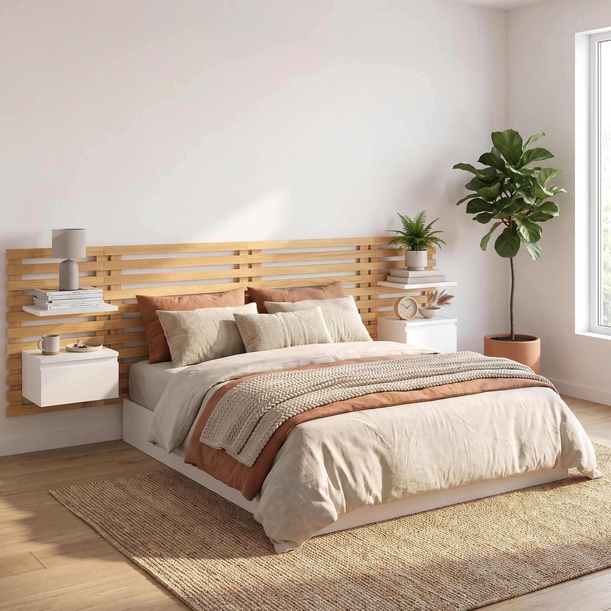 Voir la diapositive 2 : ID MARKET Tête de lit suspendue en lattes ava 240 cm avec chevets + tiroir façon bois et blanc
