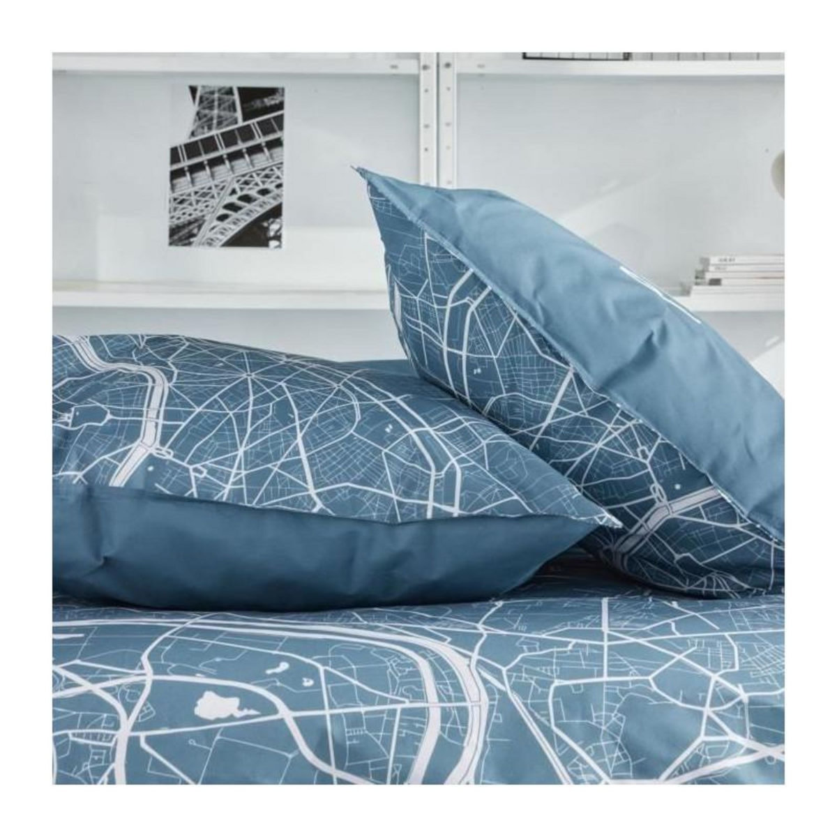 Today Parure de lit - TODAY - JAVA - 2 personnes - 240x220 cm - Coton - Imprimé Paris - Bleu