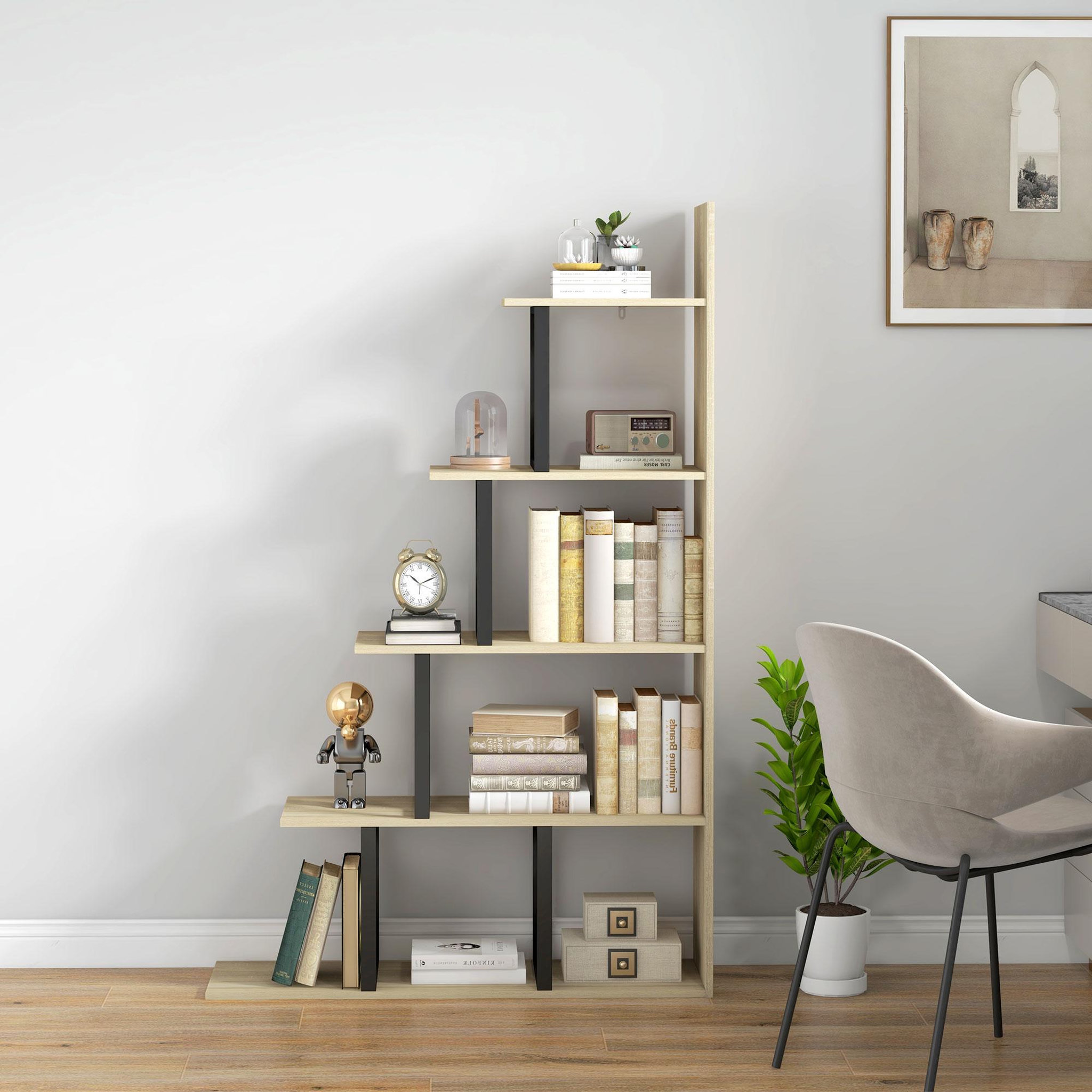 Voir la diapositive 4 : HOMCOM Étagère bibliothèque séparateur de pièce style industriel en escalier 5 étagères acier noir panneaux aspect bois chêne clair