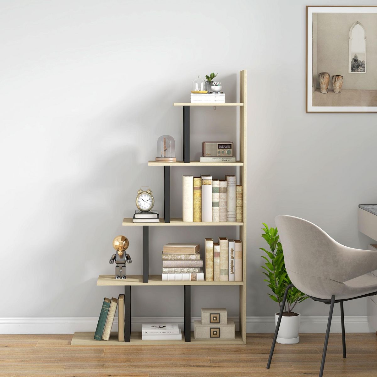 HOMCOM Étagère bibliothèque séparateur de pièce style industriel en escalier 5 étagères acier noir panneaux aspect bois chêne clair