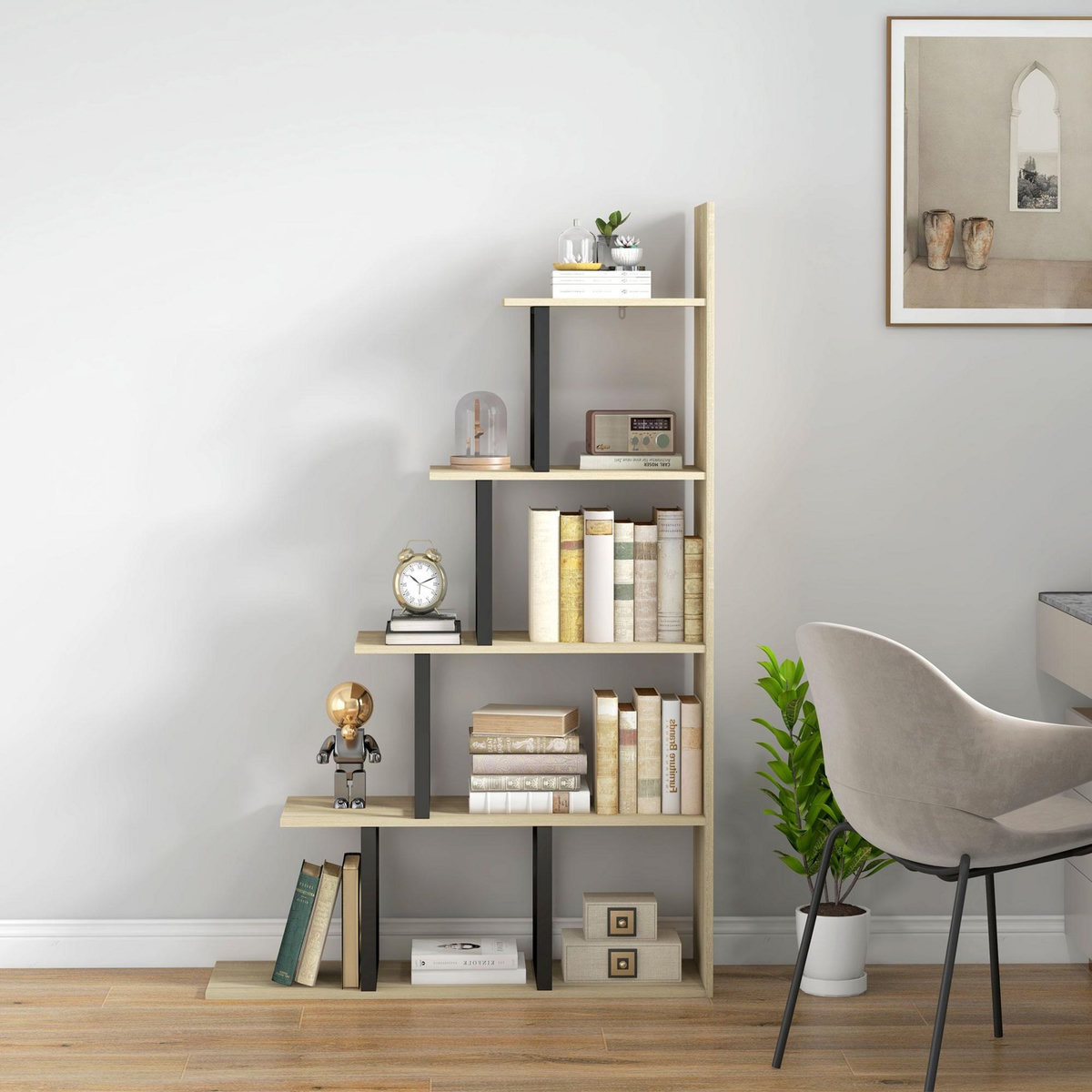 HOMCOM Étagère bibliothèque séparateur de pièce style industriel en escalier 5 étagères acier noir panneaux aspect bois chêne clair