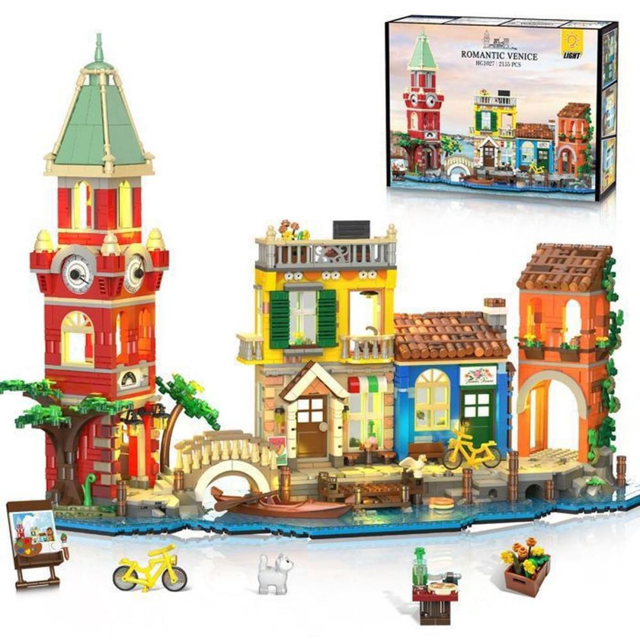 Kit de construction modulaire Venise romantique 2 155 pièces avec éclairage LED, 4 bâtiments, gondole et canal