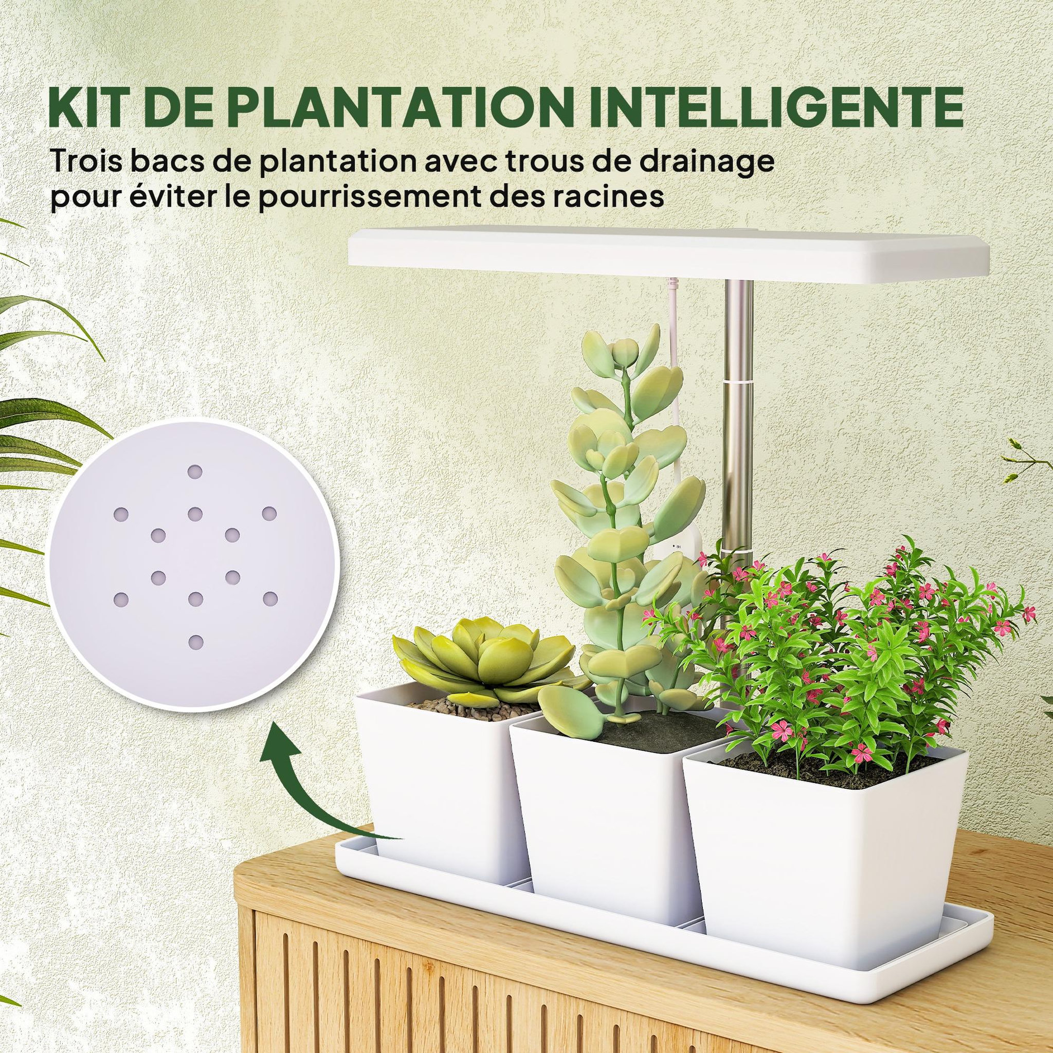 Voir la diapositive 5 : OUTSUNNY Lampe de croissance LED à spectre complet avec 3 pots - timer, hauteur, luminosité réglable - blanc